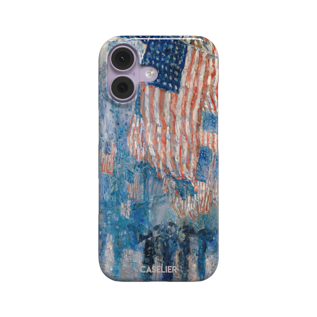 The Avenue in the Rain by Childe Hassam phone case showing impressionist American flags in red, white and blue over a rainy New York street scene, phone case by Caselier — snap case, front view