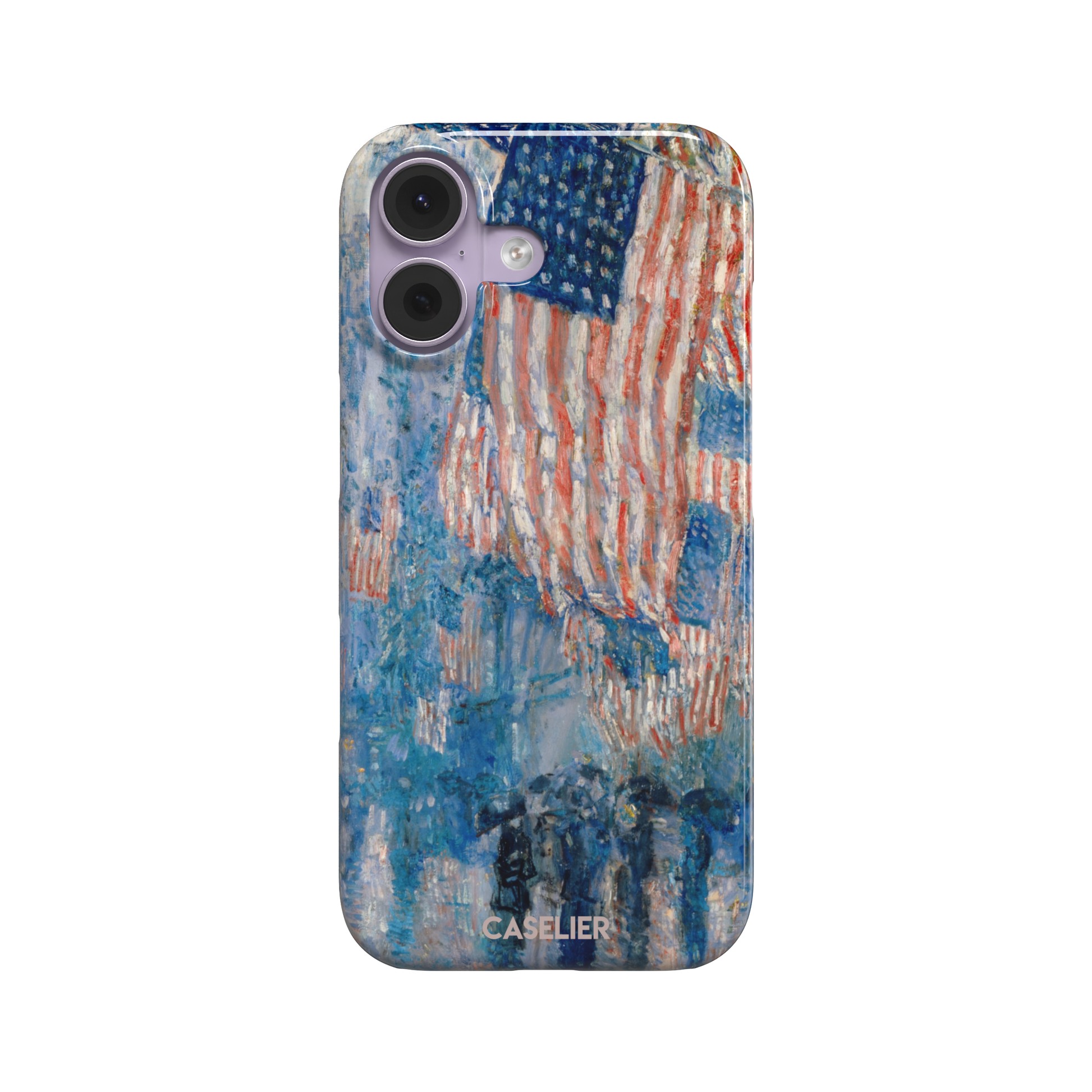 The Avenue in the Rain by Childe Hassam phone case showing impressionist American flags in red, white and blue over a rainy New York street scene, phone case by Caselier — snap case, front view