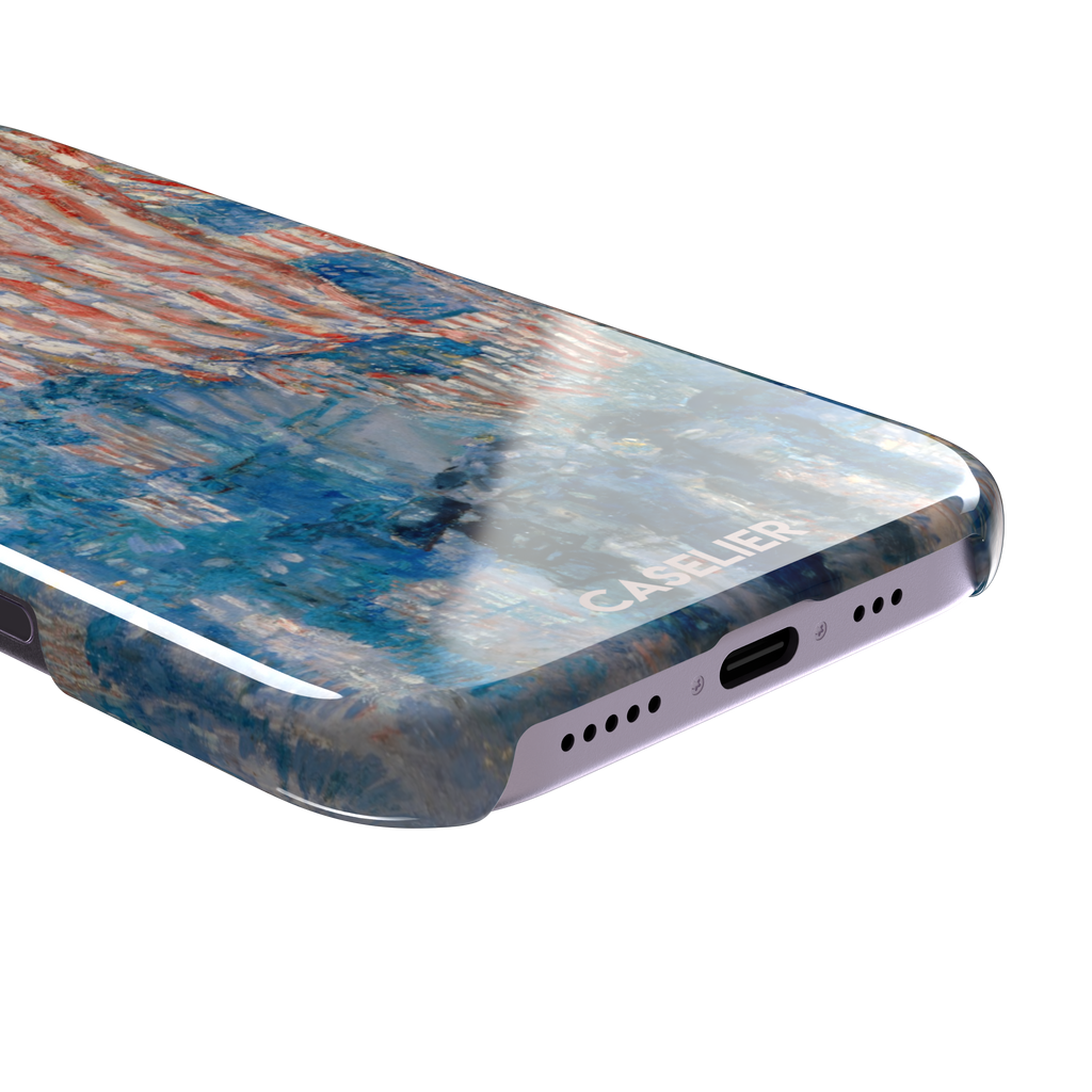 The Avenue in the Rain by Childe Hassam phone case showing impressionist American flags in red, white and blue over a rainy New York street scene, phone case by Caselier — snap case, charging port detail