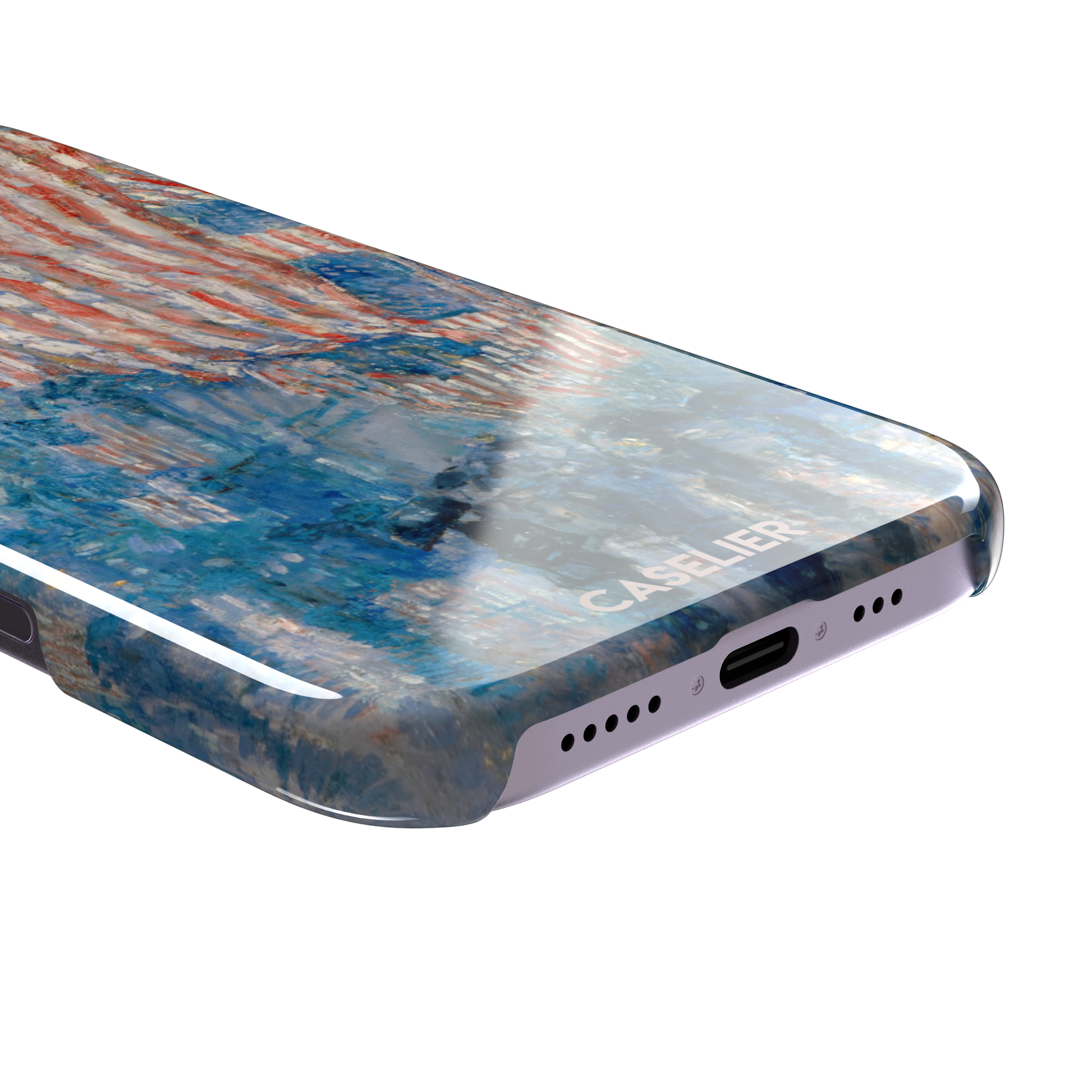 The Avenue in the Rain by Childe Hassam phone case showing impressionist American flags in red, white and blue over a rainy New York street scene, phone case by Caselier — snap case, charging port detail