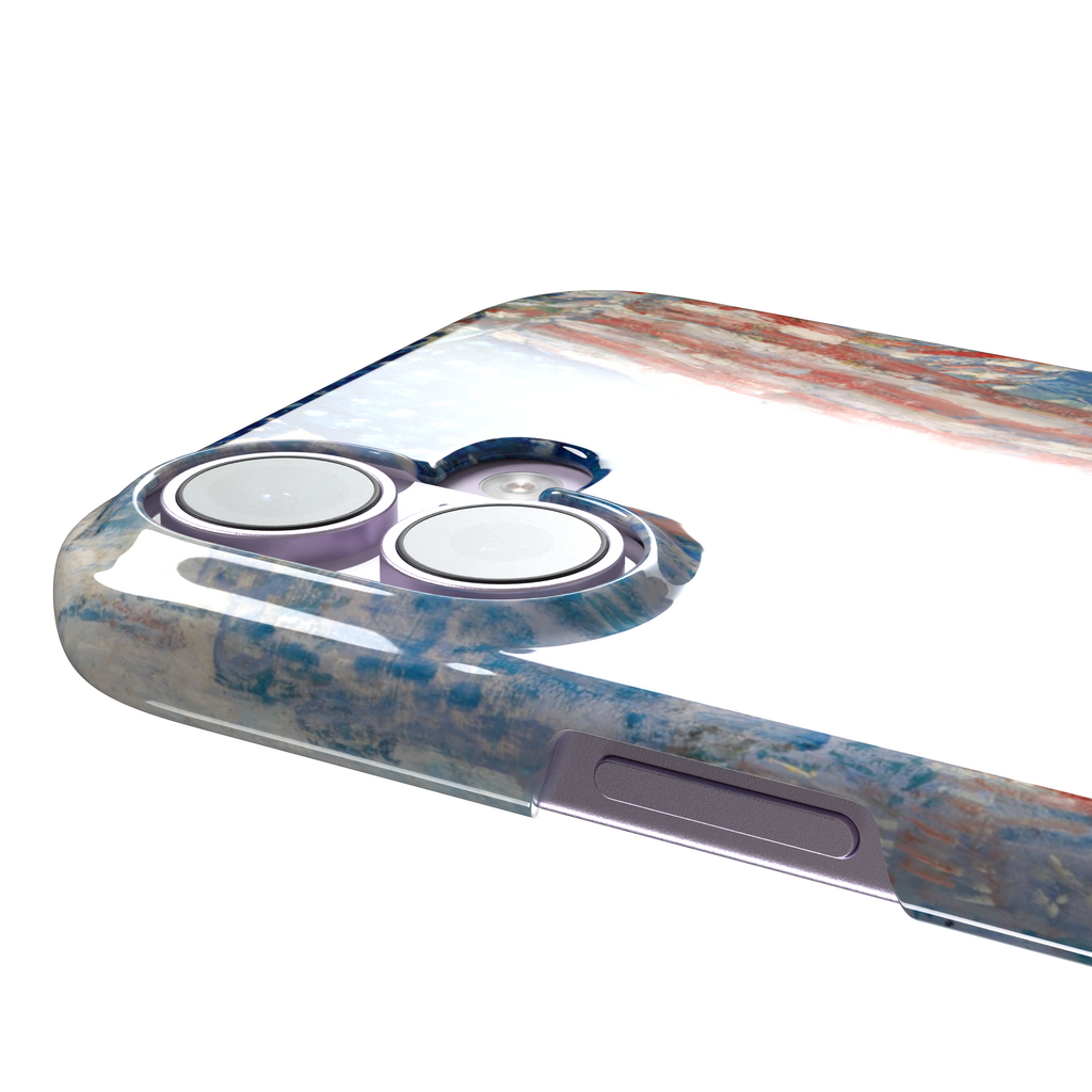 The Avenue in the Rain by Childe Hassam phone case showing impressionist American flags in red, white and blue over a rainy New York street scene, phone case by Caselier — snap case, volume buttons detail