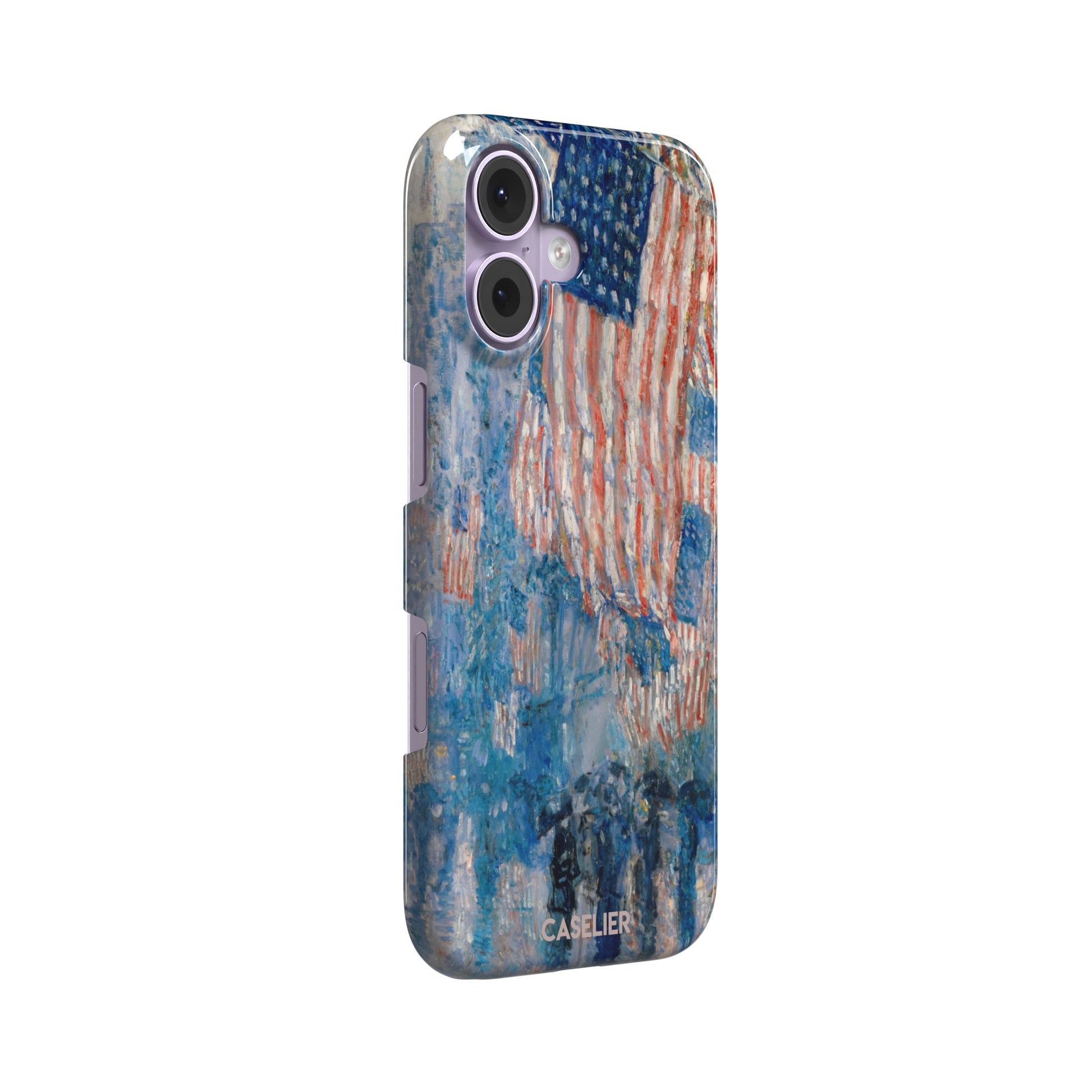 The Avenue in the Rain by Childe Hassam phone case showing impressionist American flags in red, white and blue over a rainy New York street scene, phone case by Caselier — snap case, left view