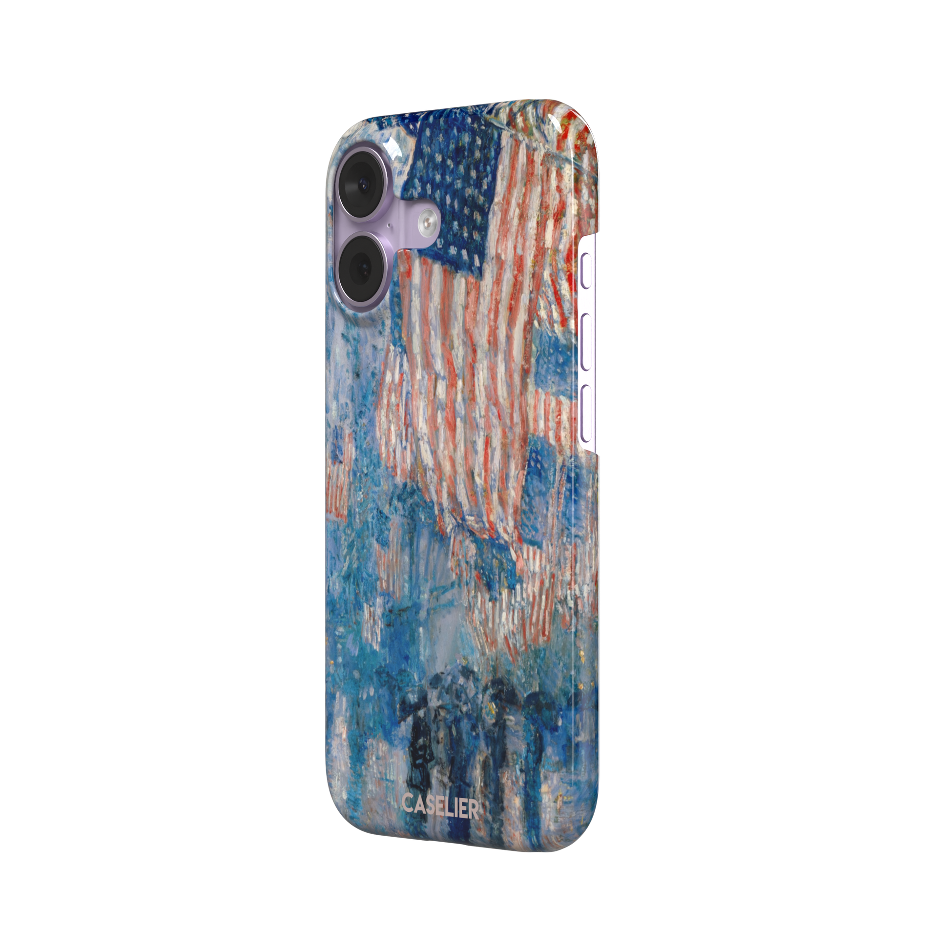The Avenue in the Rain by Childe Hassam phone case showing impressionist American flags in red, white and blue over a rainy New York street scene, phone case by Caselier — snap case, right view