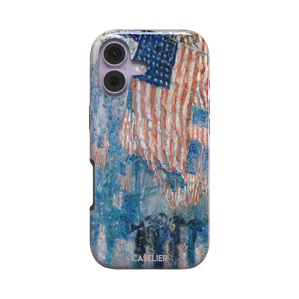 The Avenue in the Rain by Childe Hassam phone case showing impressionist American flags in red, white and blue over a rainy New York street scene, phone case by Caselier — tough case, front view