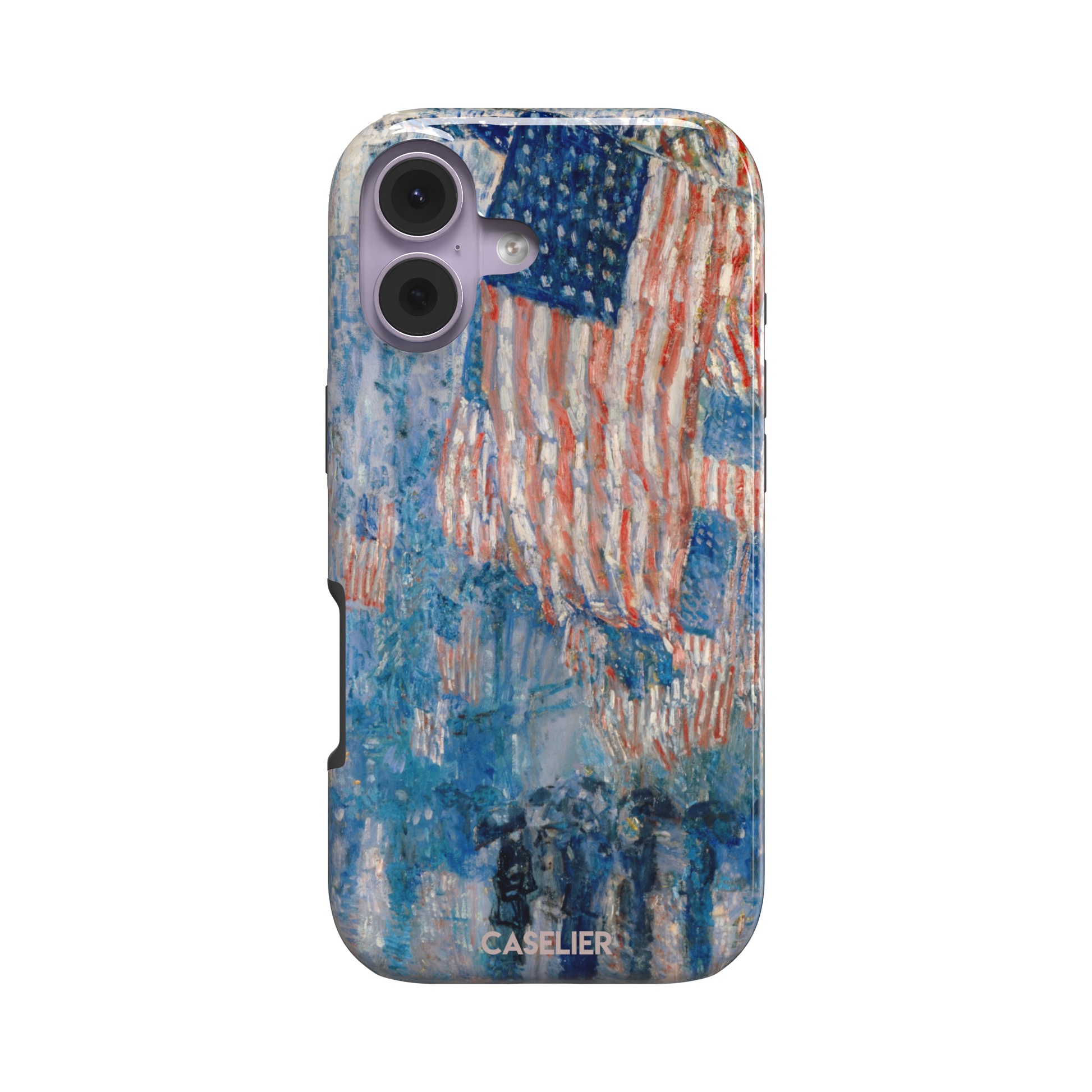 The Avenue in the Rain by Childe Hassam phone case showing impressionist American flags in red, white and blue over a rainy New York street scene, phone case by Caselier — tough case, front view