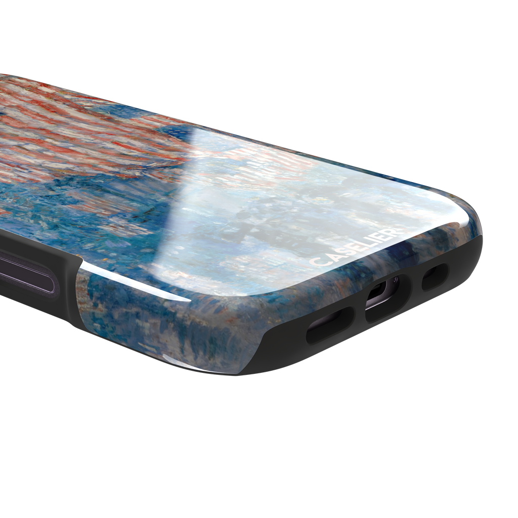 The Avenue in the Rain by Childe Hassam phone case showing impressionist American flags in red, white and blue over a rainy New York street scene, phone case by Caselier — tough case, charging port detail