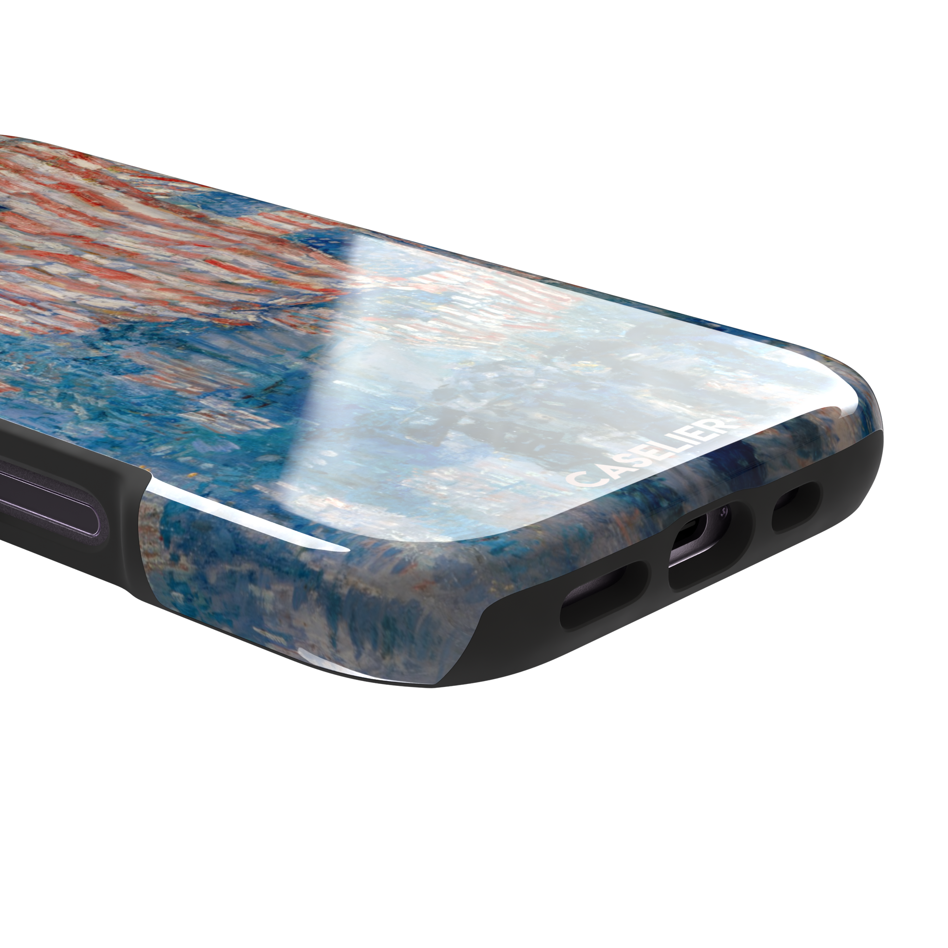 The Avenue in the Rain by Childe Hassam phone case showing impressionist American flags in red, white and blue over a rainy New York street scene, phone case by Caselier — tough case, charging port detail