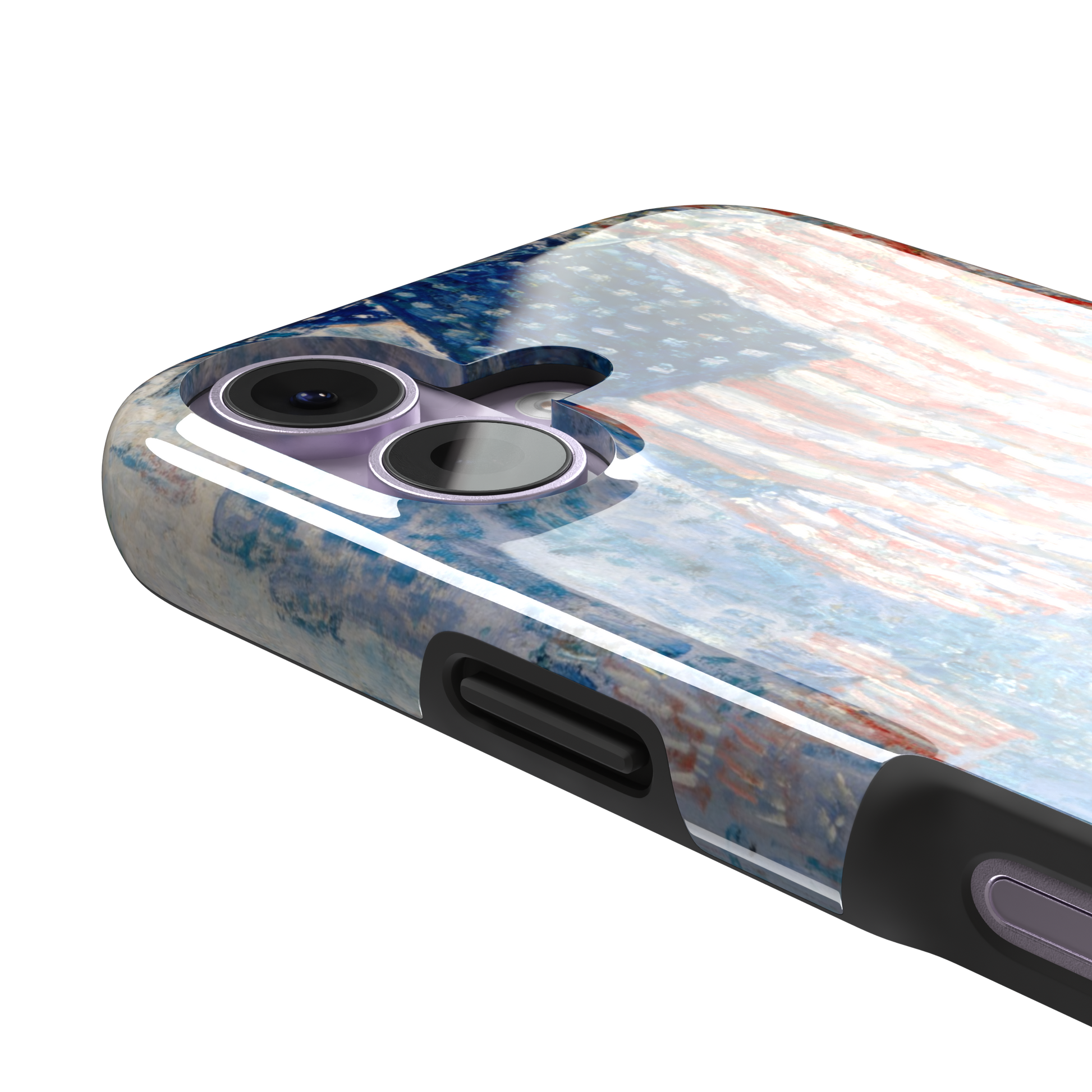 The Avenue in the Rain by Childe Hassam phone case showing impressionist American flags in red, white and blue over a rainy New York street scene, phone case by Caselier — tough case, volume buttons detail