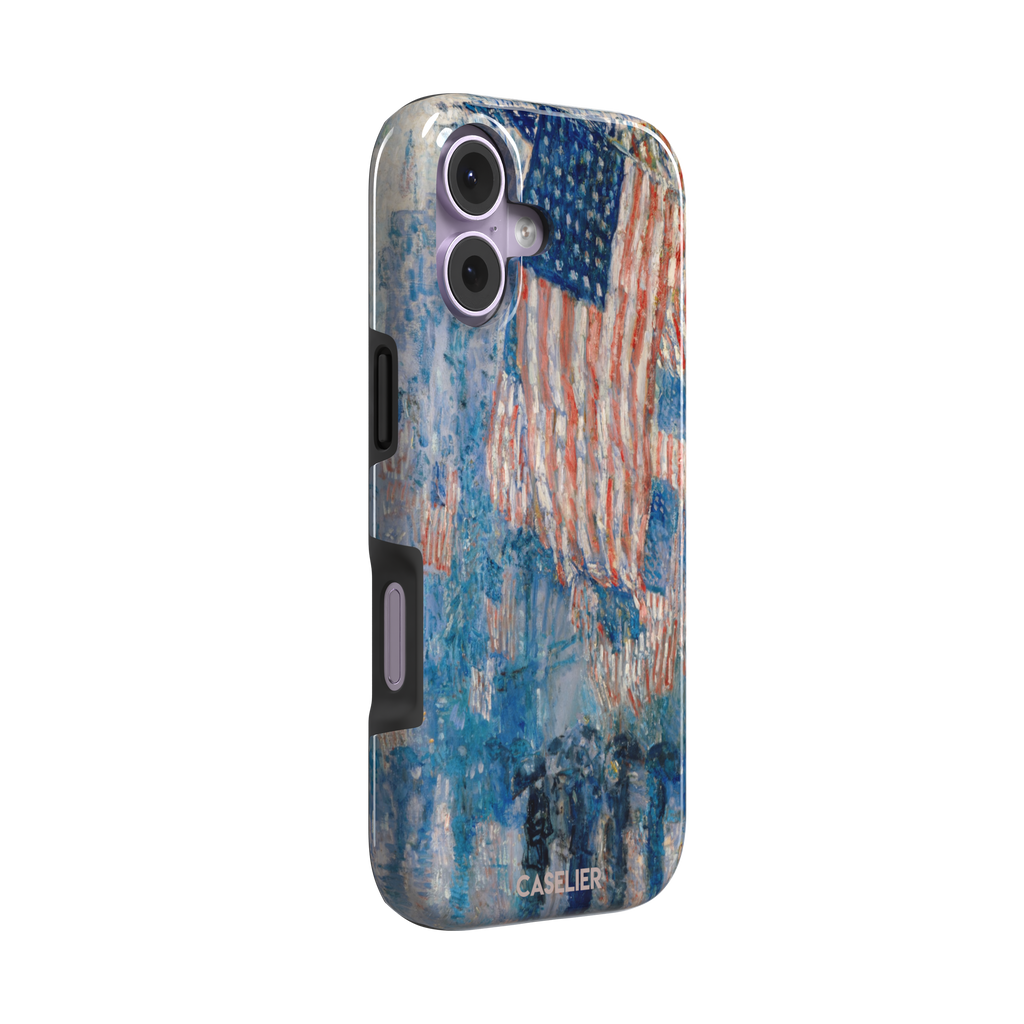 The Avenue in the Rain by Childe Hassam phone case showing impressionist American flags in red, white and blue over a rainy New York street scene, phone case by Caselier — tough case, left view