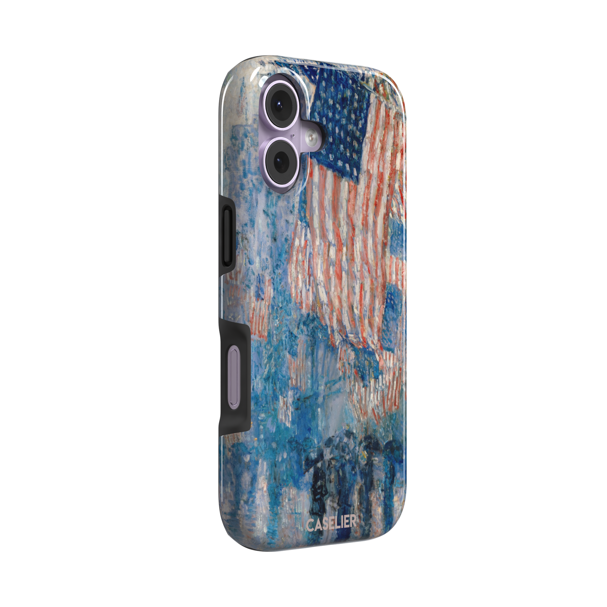 The Avenue in the Rain by Childe Hassam phone case showing impressionist American flags in red, white and blue over a rainy New York street scene, phone case by Caselier — tough case, left view