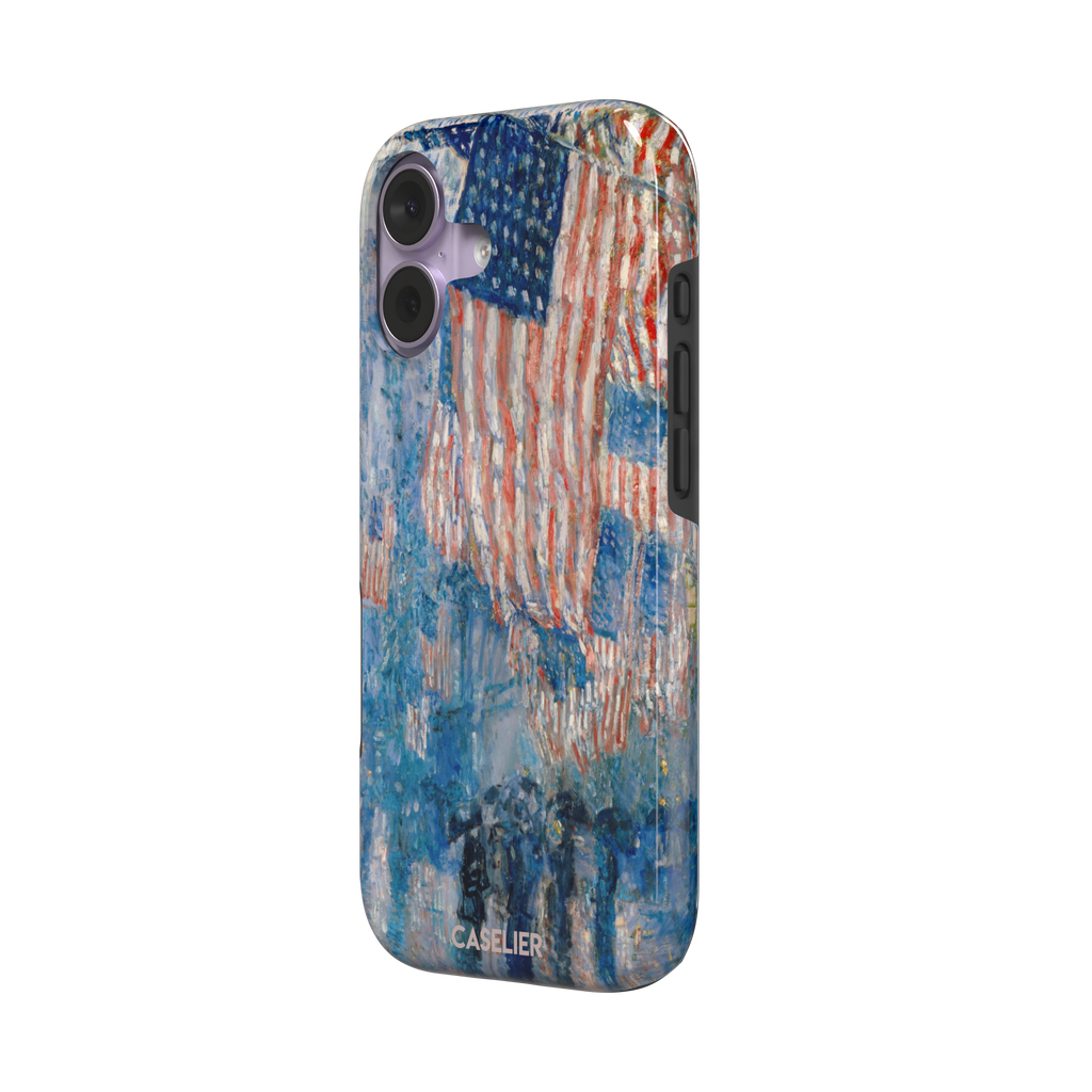 The Avenue in the Rain by Childe Hassam phone case showing impressionist American flags in red, white and blue over a rainy New York street scene, phone case by Caselier — tough case, right view