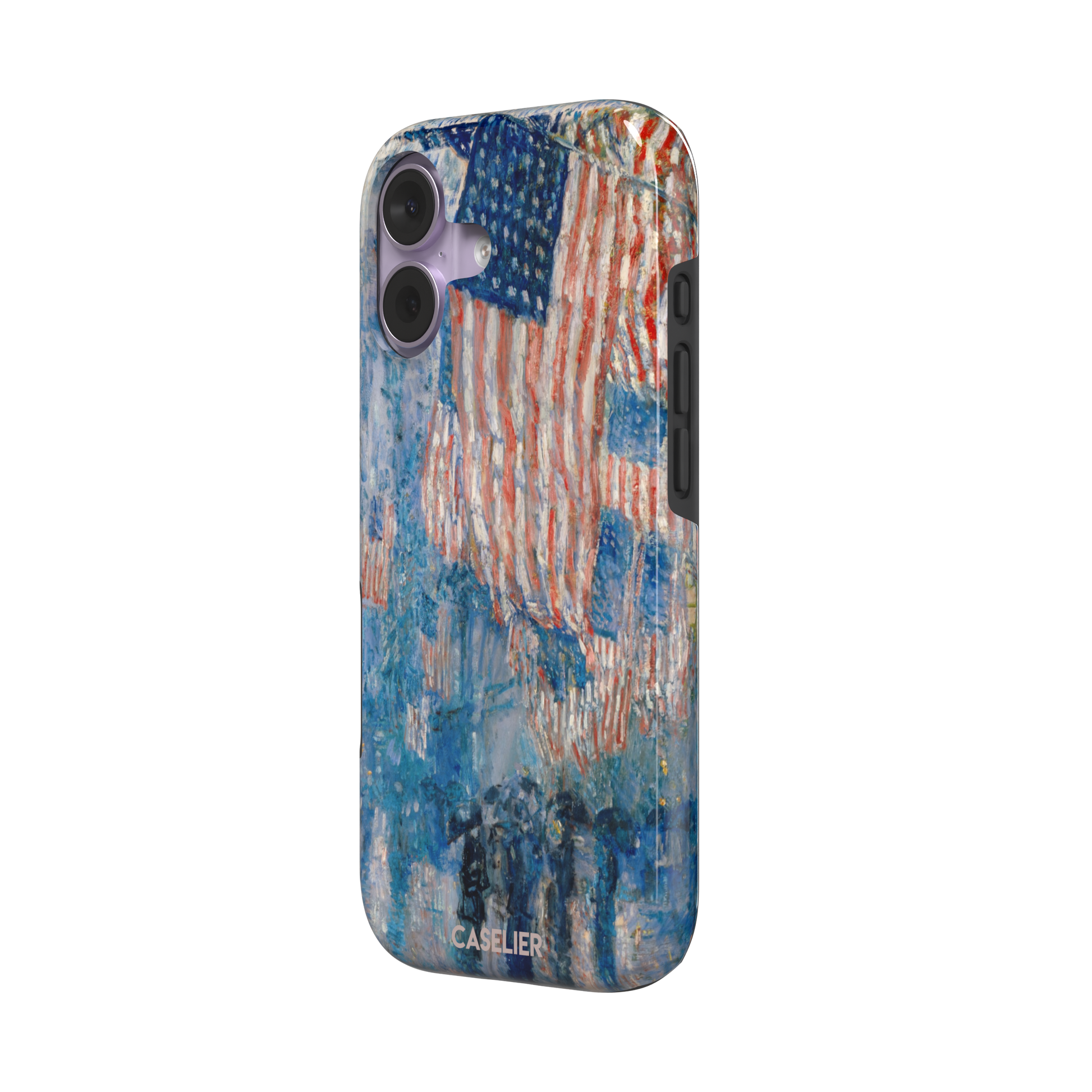 The Avenue in the Rain by Childe Hassam phone case showing impressionist American flags in red, white and blue over a rainy New York street scene, phone case by Caselier — tough case, right view