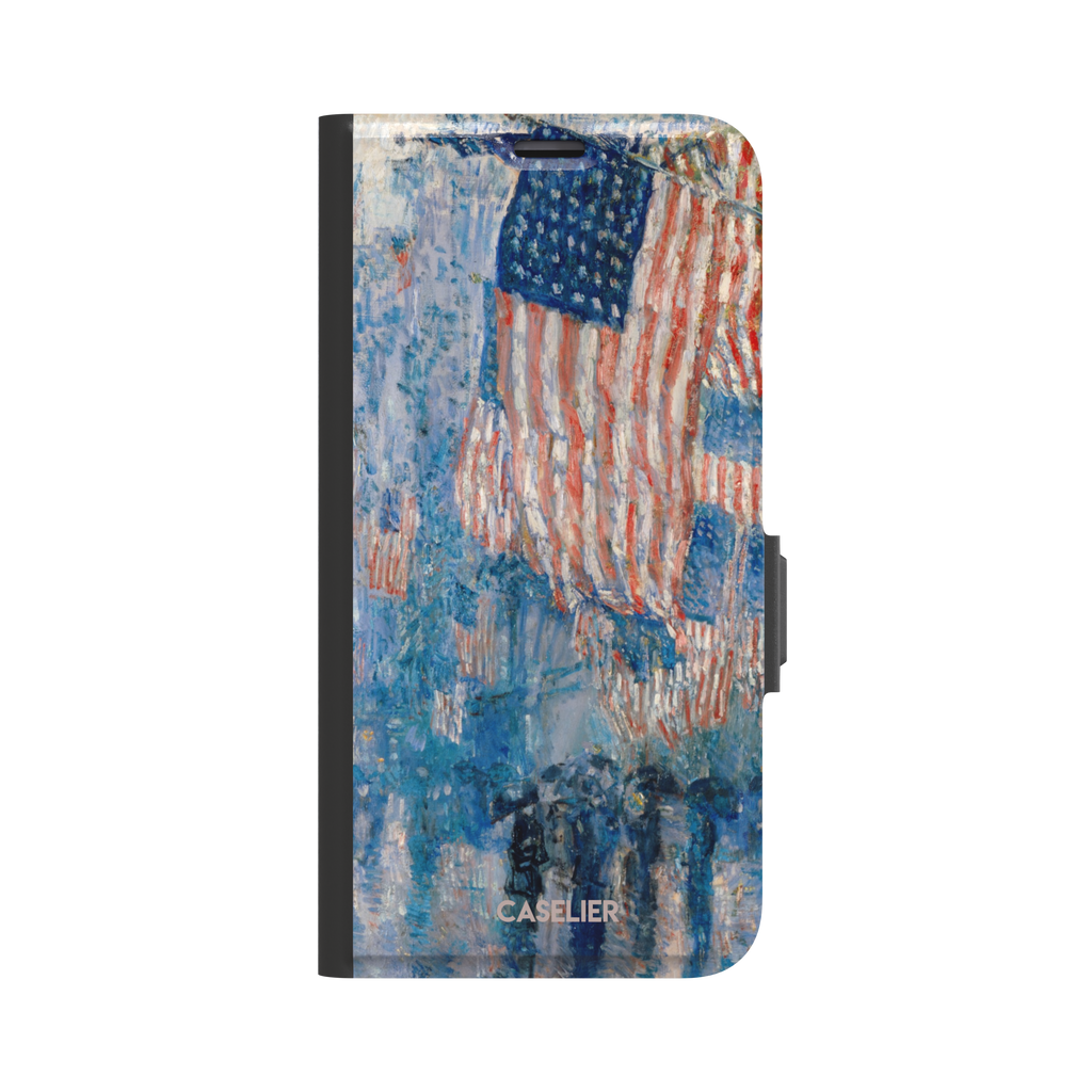 The Avenue in the Rain by Childe Hassam phone case showing impressionist American flags in red, white and blue over a rainy New York street scene, phone case by Caselier — wallet case, front view