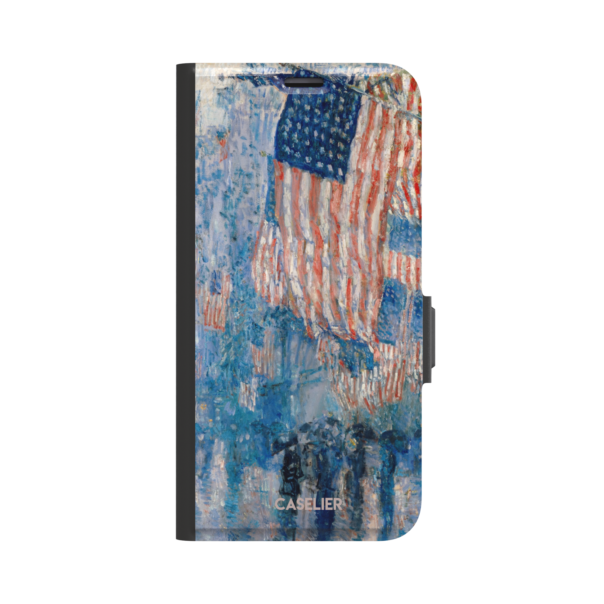 The Avenue in the Rain by Childe Hassam phone case showing impressionist American flags in red, white and blue over a rainy New York street scene, phone case by Caselier — wallet case, front view
