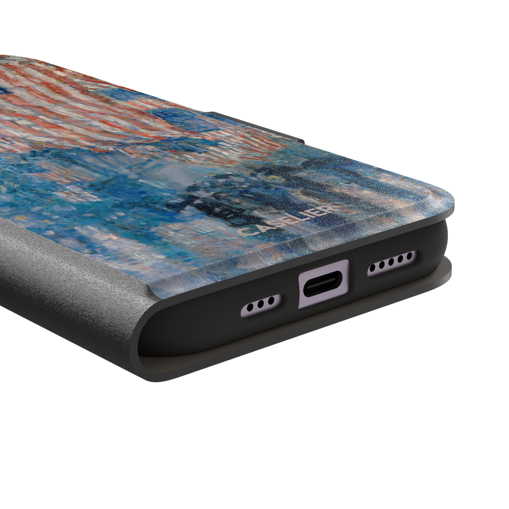 The Avenue in the Rain by Childe Hassam phone case showing impressionist American flags in red, white and blue over a rainy New York street scene, phone case by Caselier — wallet case, charging port detail