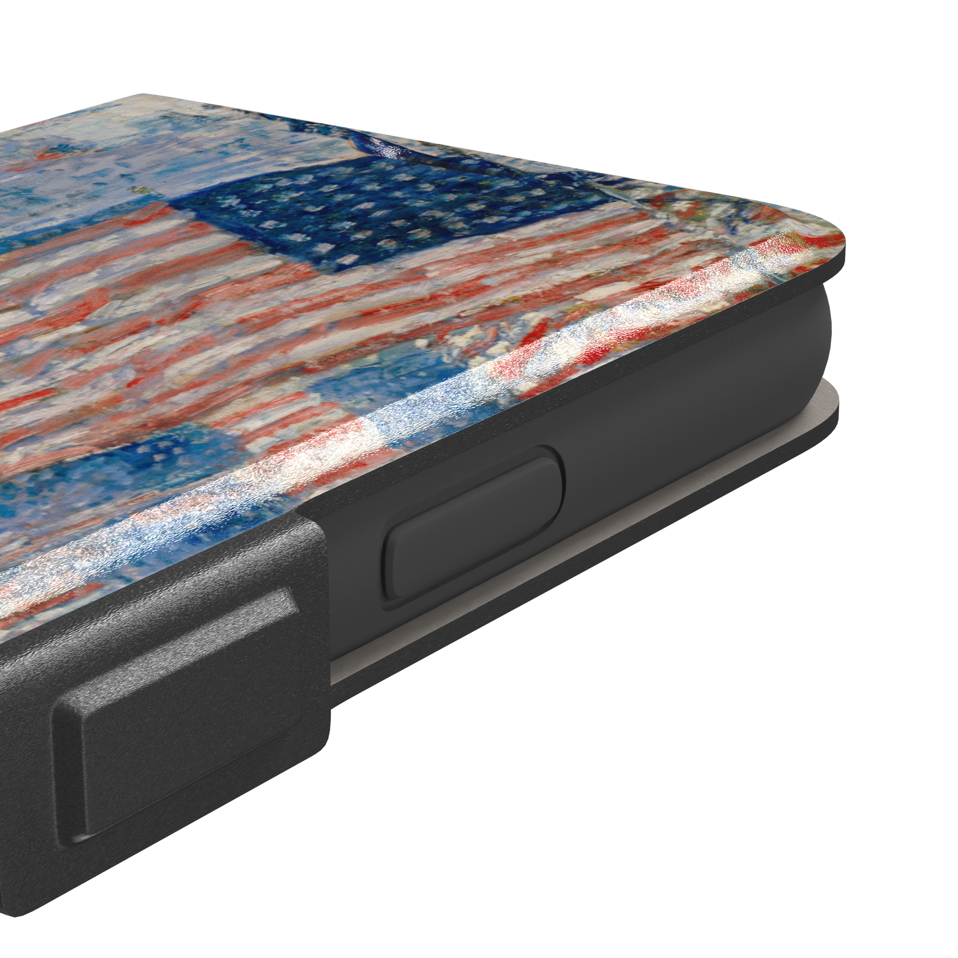 The Avenue in the Rain by Childe Hassam phone case showing impressionist American flags in red, white and blue over a rainy New York street scene, phone case by Caselier — wallet case, volume buttons detail