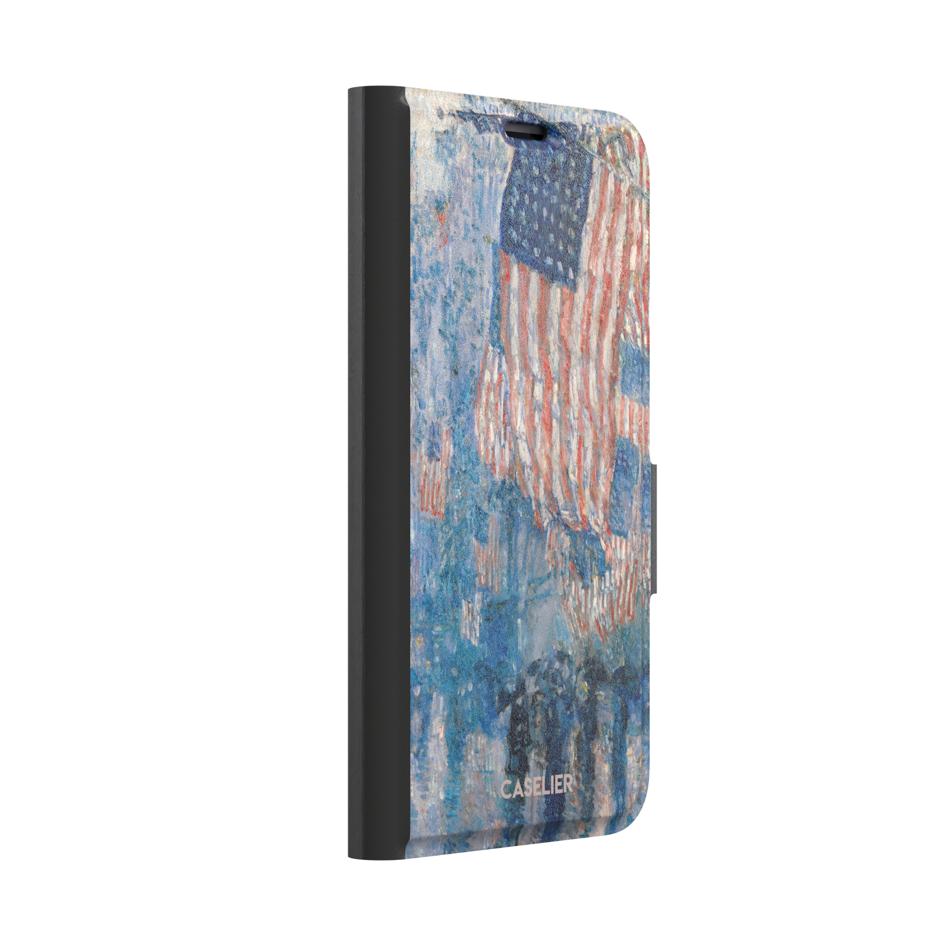 The Avenue in the Rain by Childe Hassam phone case showing impressionist American flags in red, white and blue over a rainy New York street scene, phone case by Caselier — wallet case, left view