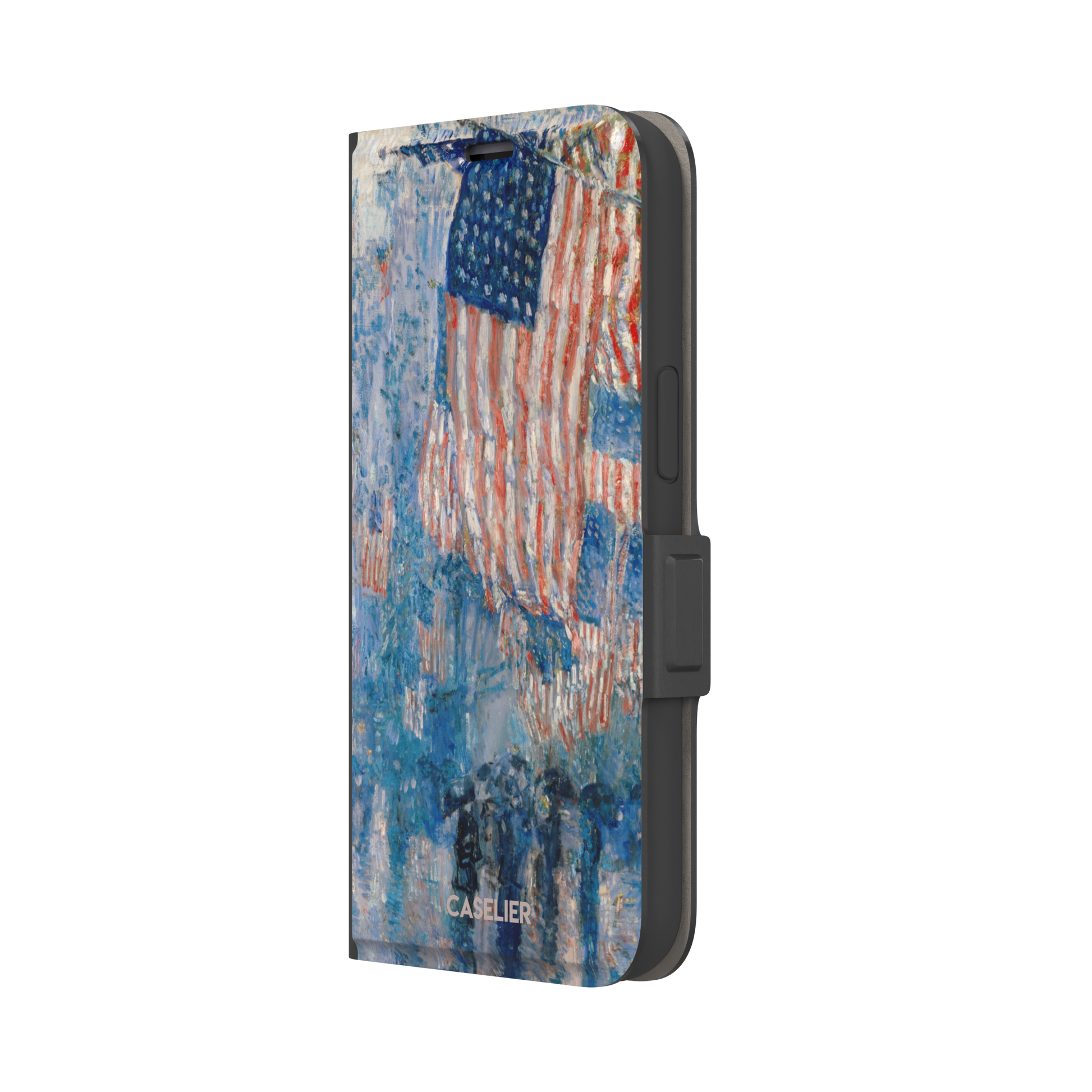 The Avenue in the Rain by Childe Hassam phone case showing impressionist American flags in red, white and blue over a rainy New York street scene, phone case by Caselier — wallet case, right view