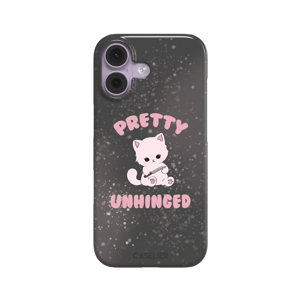 Dark charcoal phone case featuring a pink kawaii kitten holding a knife with 'Pretty Unhinged' text in pink bubble font on a speckled background, phone case by Caselier — snap case, front view