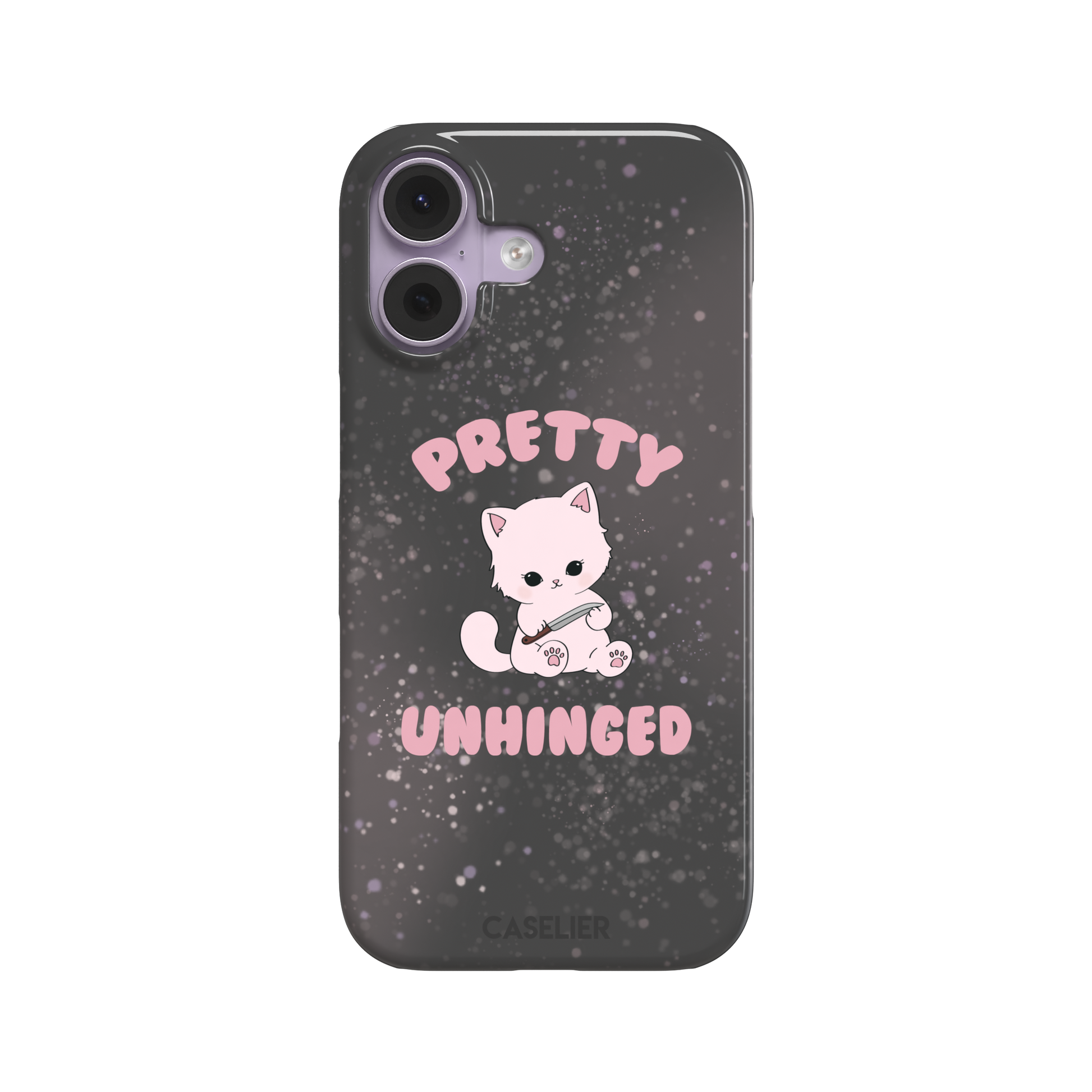 Dark charcoal phone case featuring a pink kawaii kitten holding a knife with 'Pretty Unhinged' text in pink bubble font on a speckled background, phone case by Caselier — snap case, front view