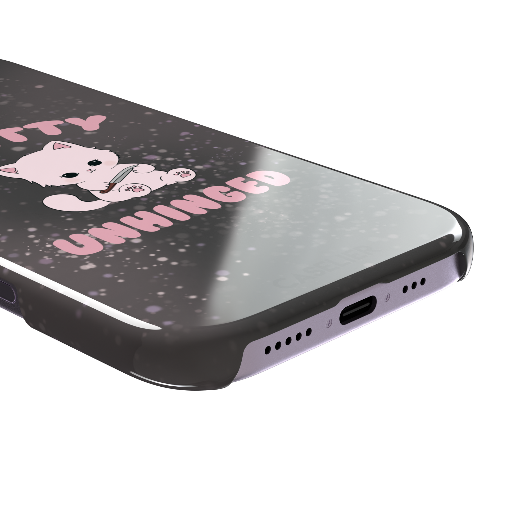 Dark charcoal phone case featuring a pink kawaii kitten holding a knife with 'Pretty Unhinged' text in pink bubble font on a speckled background, phone case by Caselier — snap case, charging port detail