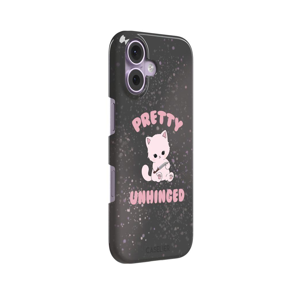 Dark charcoal phone case featuring a pink kawaii kitten holding a knife with 'Pretty Unhinged' text in pink bubble font on a speckled background, phone case by Caselier — snap case, left view