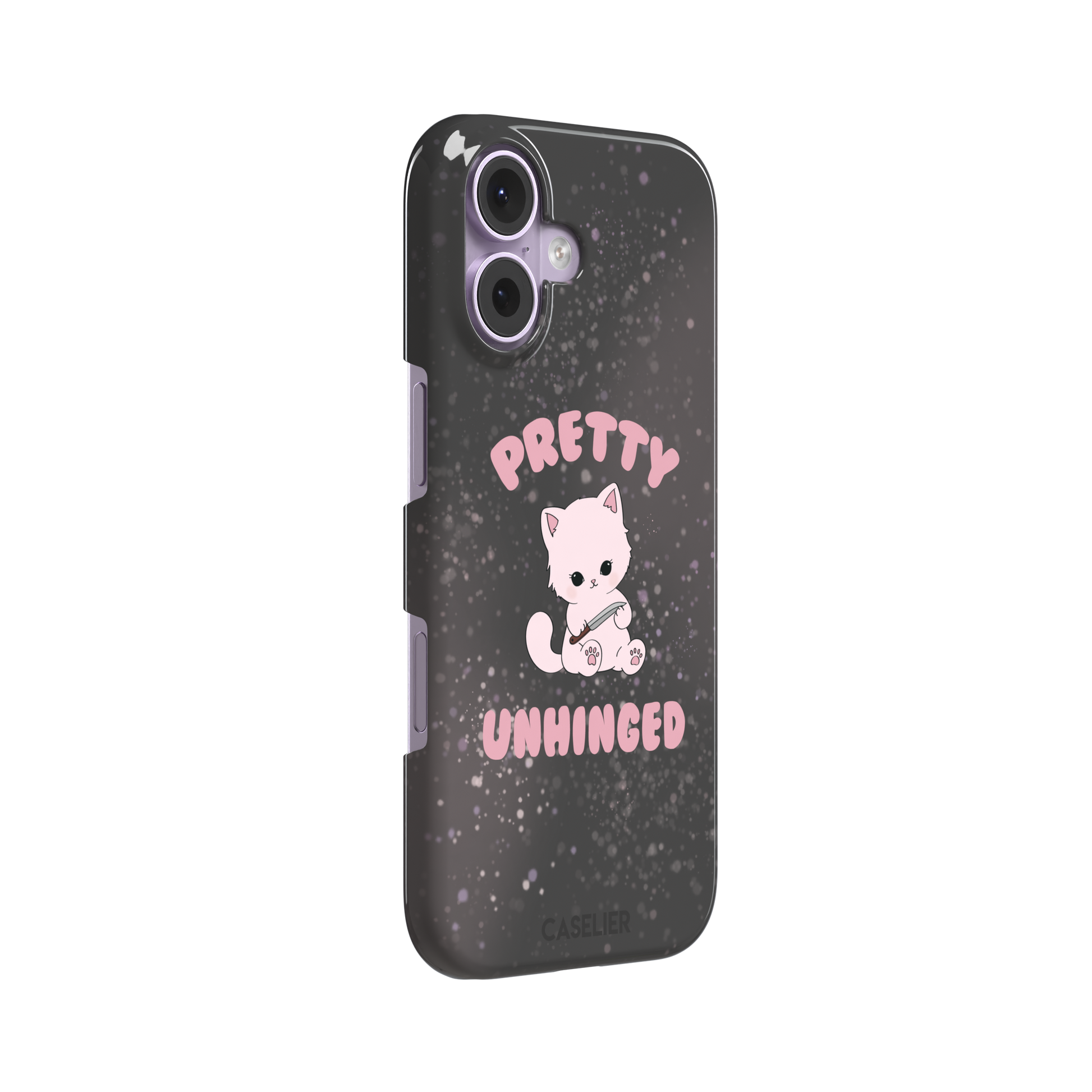 Dark charcoal phone case featuring a pink kawaii kitten holding a knife with 'Pretty Unhinged' text in pink bubble font on a speckled background, phone case by Caselier — snap case, left view