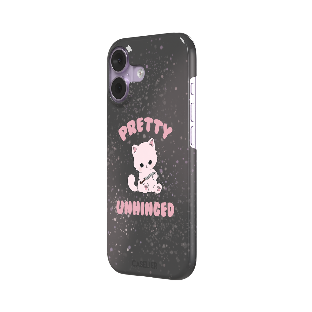 Dark charcoal phone case featuring a pink kawaii kitten holding a knife with 'Pretty Unhinged' text in pink bubble font on a speckled background, phone case by Caselier — snap case, right view