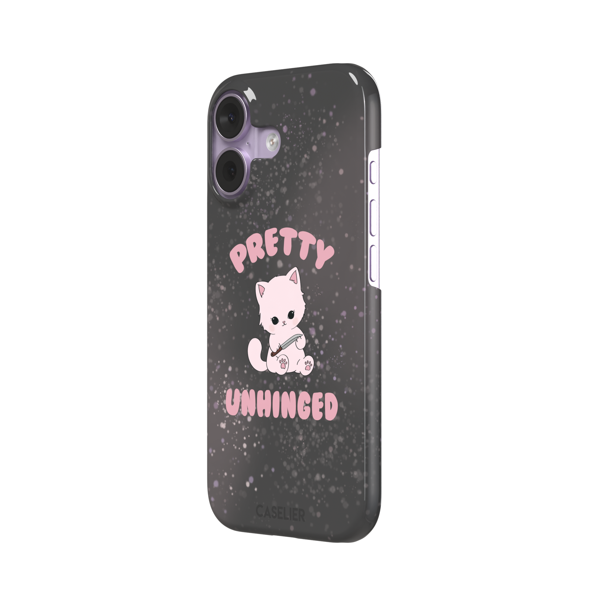 Dark charcoal phone case featuring a pink kawaii kitten holding a knife with 'Pretty Unhinged' text in pink bubble font on a speckled background, phone case by Caselier — snap case, right view