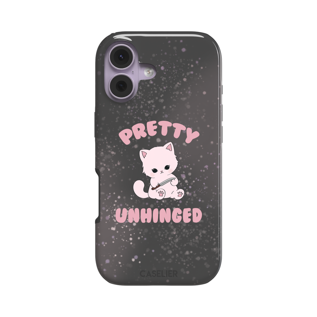 Dark charcoal phone case featuring a pink kawaii kitten holding a knife with 'Pretty Unhinged' text in pink bubble font on a speckled background, phone case by Caselier — tough case, front view