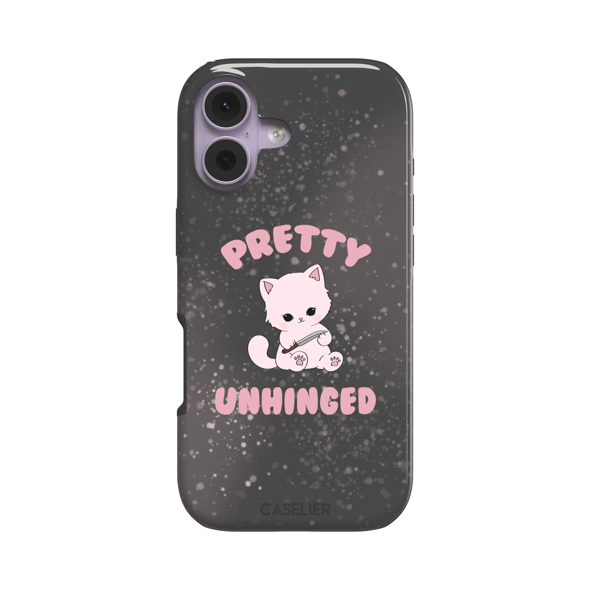 Dark charcoal phone case featuring a pink kawaii kitten holding a knife with 'Pretty Unhinged' text in pink bubble font on a speckled background, phone case by Caselier — tough case, front view