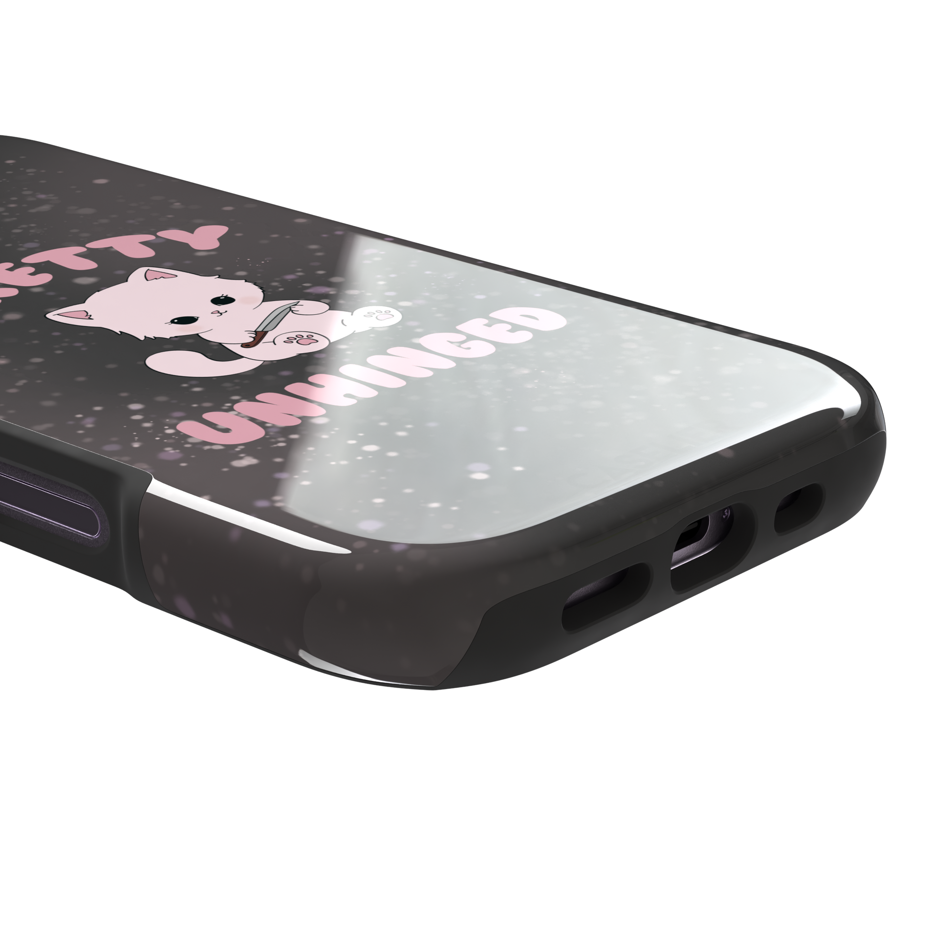 Dark charcoal phone case featuring a pink kawaii kitten holding a knife with 'Pretty Unhinged' text in pink bubble font on a speckled background, phone case by Caselier — tough case, charging port detail