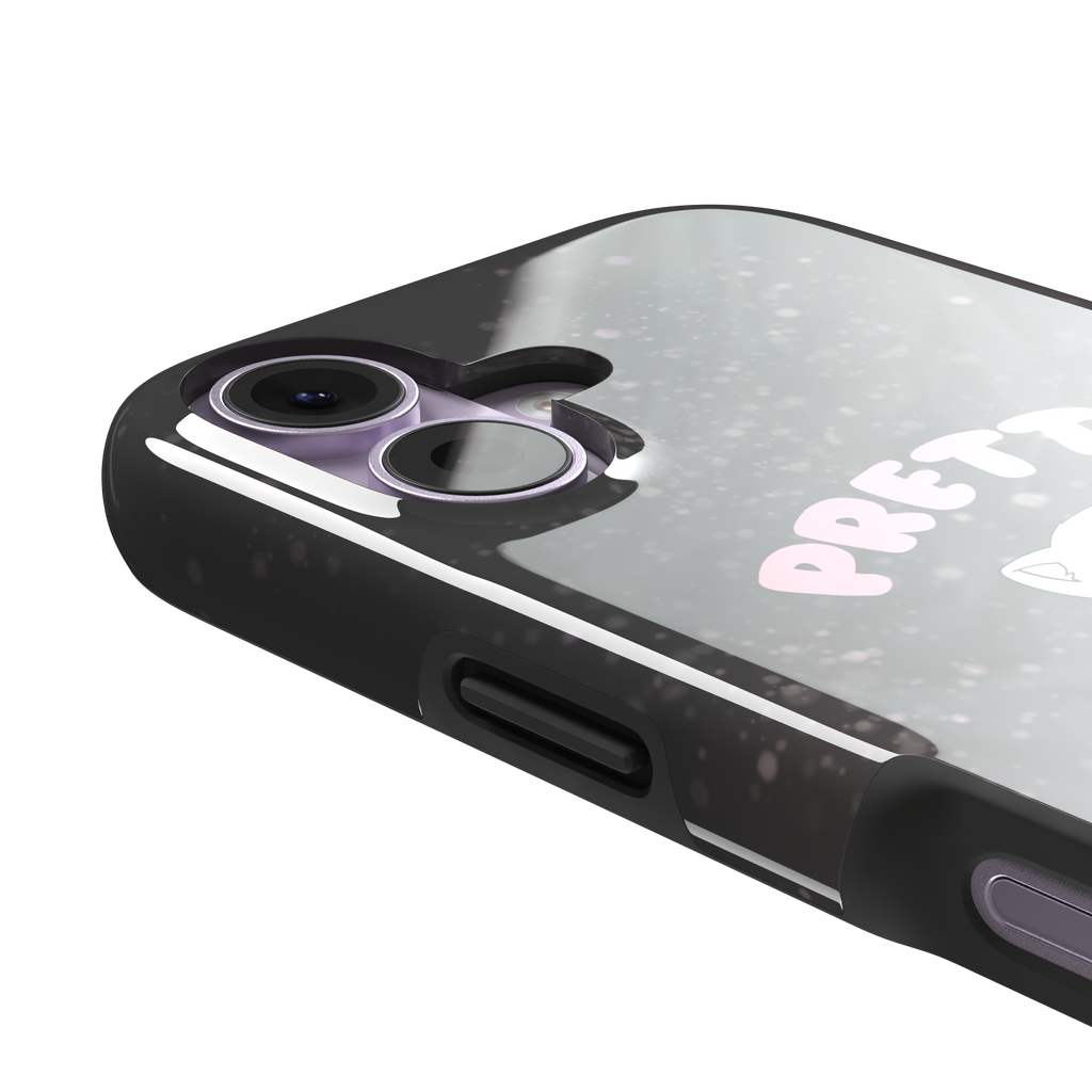 Dark charcoal phone case featuring a pink kawaii kitten holding a knife with 'Pretty Unhinged' text in pink bubble font on a speckled background, phone case by Caselier — tough case, volume buttons detail