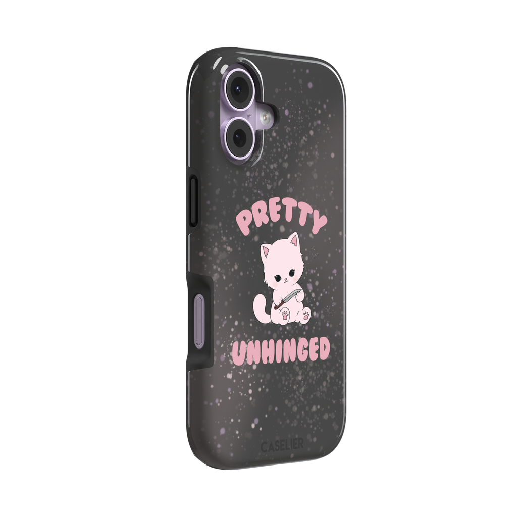 Dark charcoal phone case featuring a pink kawaii kitten holding a knife with 'Pretty Unhinged' text in pink bubble font on a speckled background, phone case by Caselier — tough case, left view