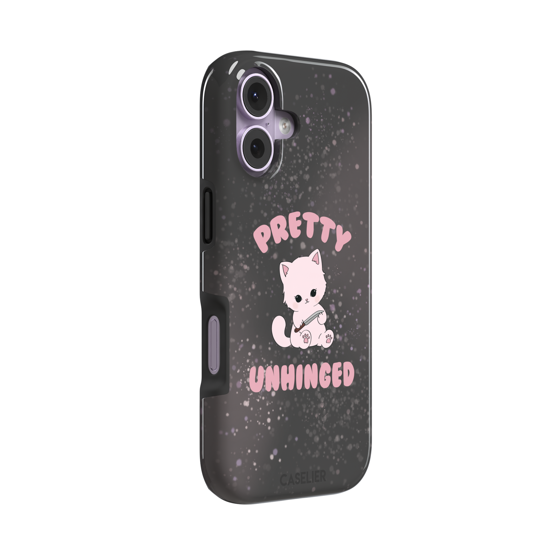 Dark charcoal phone case featuring a pink kawaii kitten holding a knife with 'Pretty Unhinged' text in pink bubble font on a speckled background, phone case by Caselier — tough case, left view