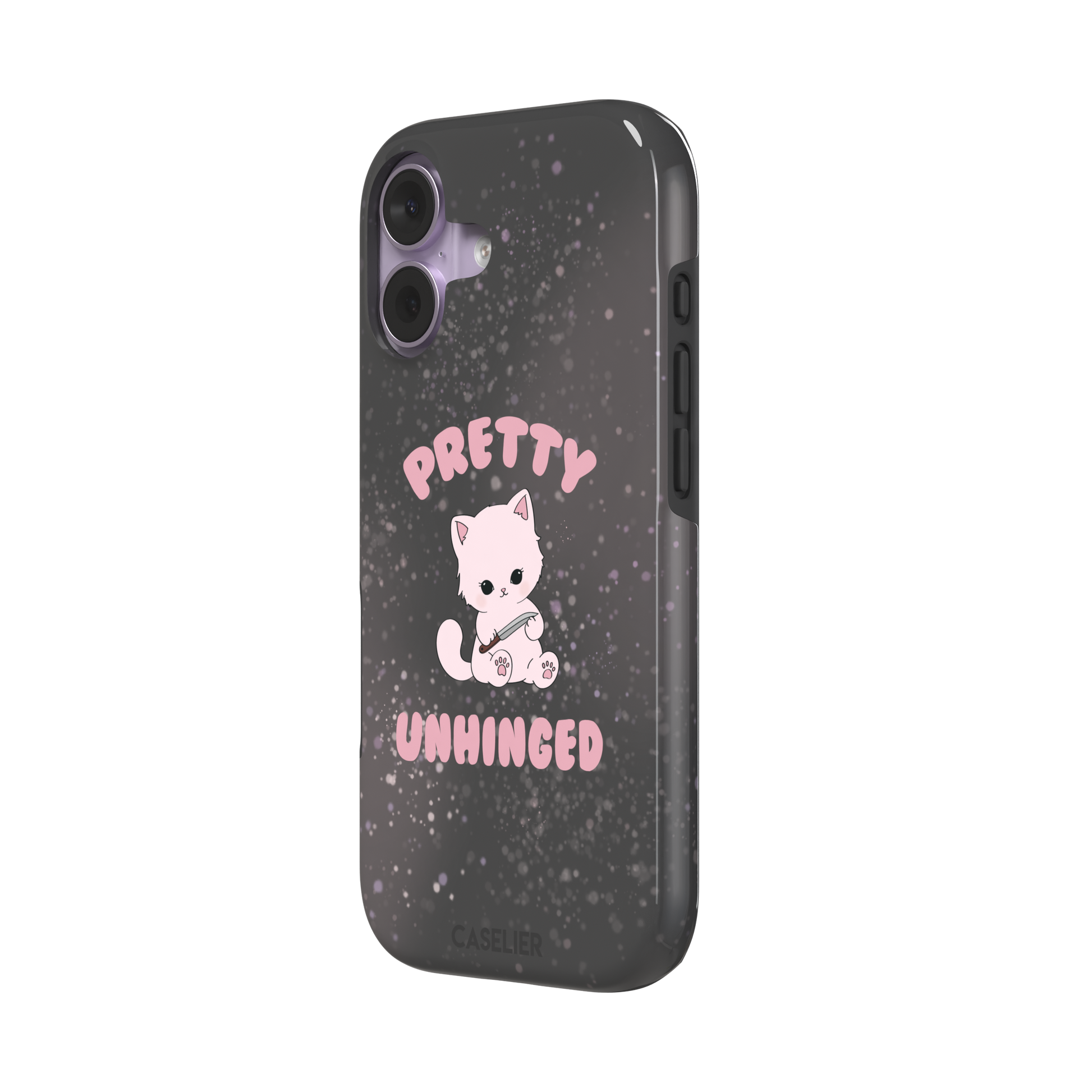 Dark charcoal phone case featuring a pink kawaii kitten holding a knife with 'Pretty Unhinged' text in pink bubble font on a speckled background, phone case by Caselier — tough case, right view