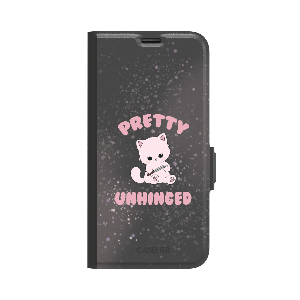 Dark charcoal phone case featuring a pink kawaii kitten holding a knife with 'Pretty Unhinged' text in pink bubble font on a speckled background, phone case by Caselier — wallet case, front view