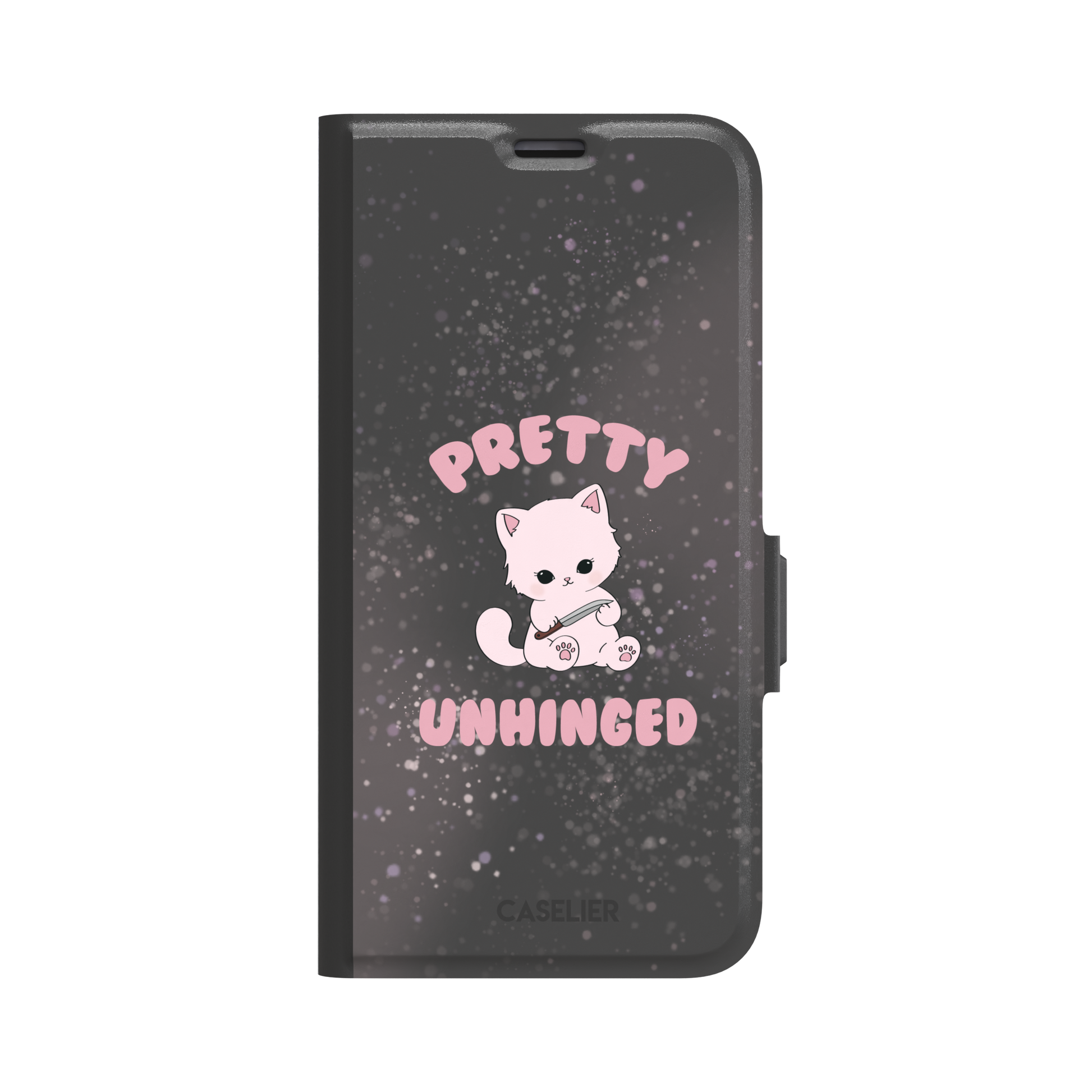 Dark charcoal phone case featuring a pink kawaii kitten holding a knife with 'Pretty Unhinged' text in pink bubble font on a speckled background, phone case by Caselier — wallet case, front view