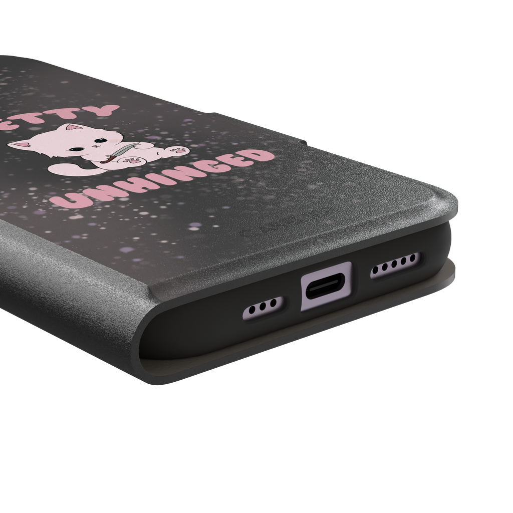 Dark charcoal phone case featuring a pink kawaii kitten holding a knife with 'Pretty Unhinged' text in pink bubble font on a speckled background, phone case by Caselier — wallet case, charging port detail