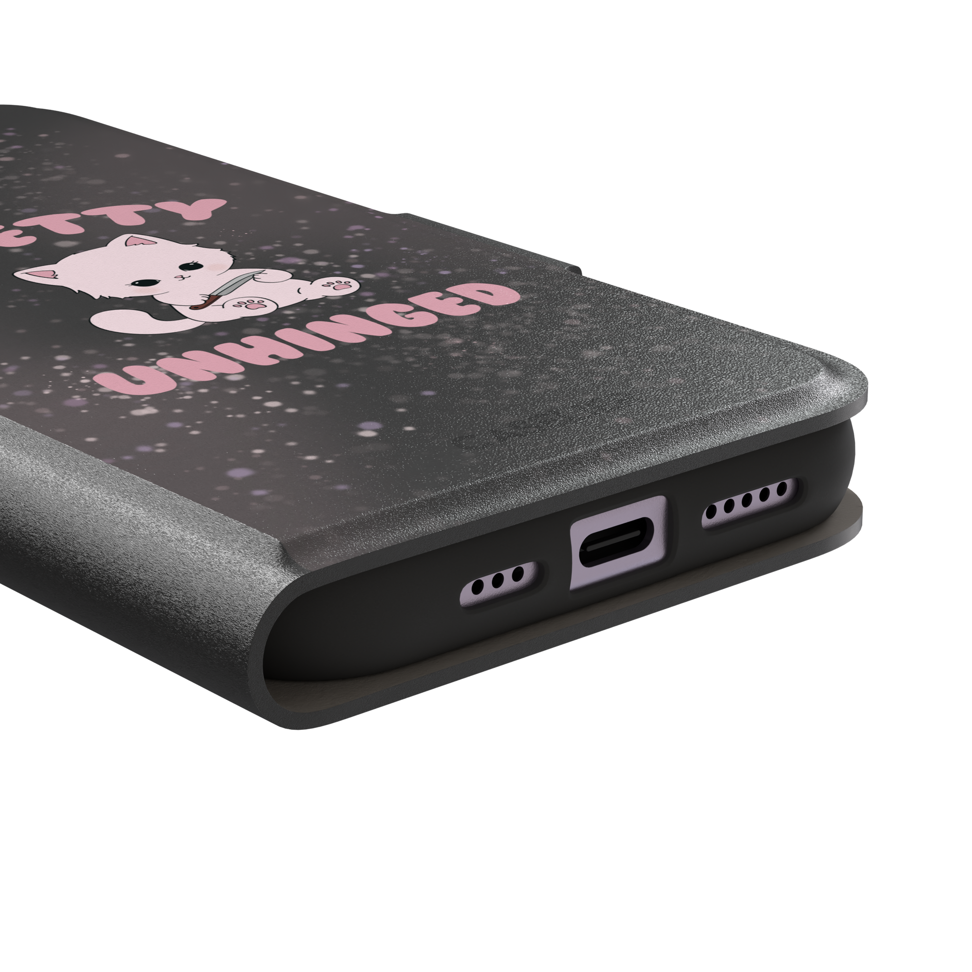 Dark charcoal phone case featuring a pink kawaii kitten holding a knife with 'Pretty Unhinged' text in pink bubble font on a speckled background, phone case by Caselier — wallet case, charging port detail