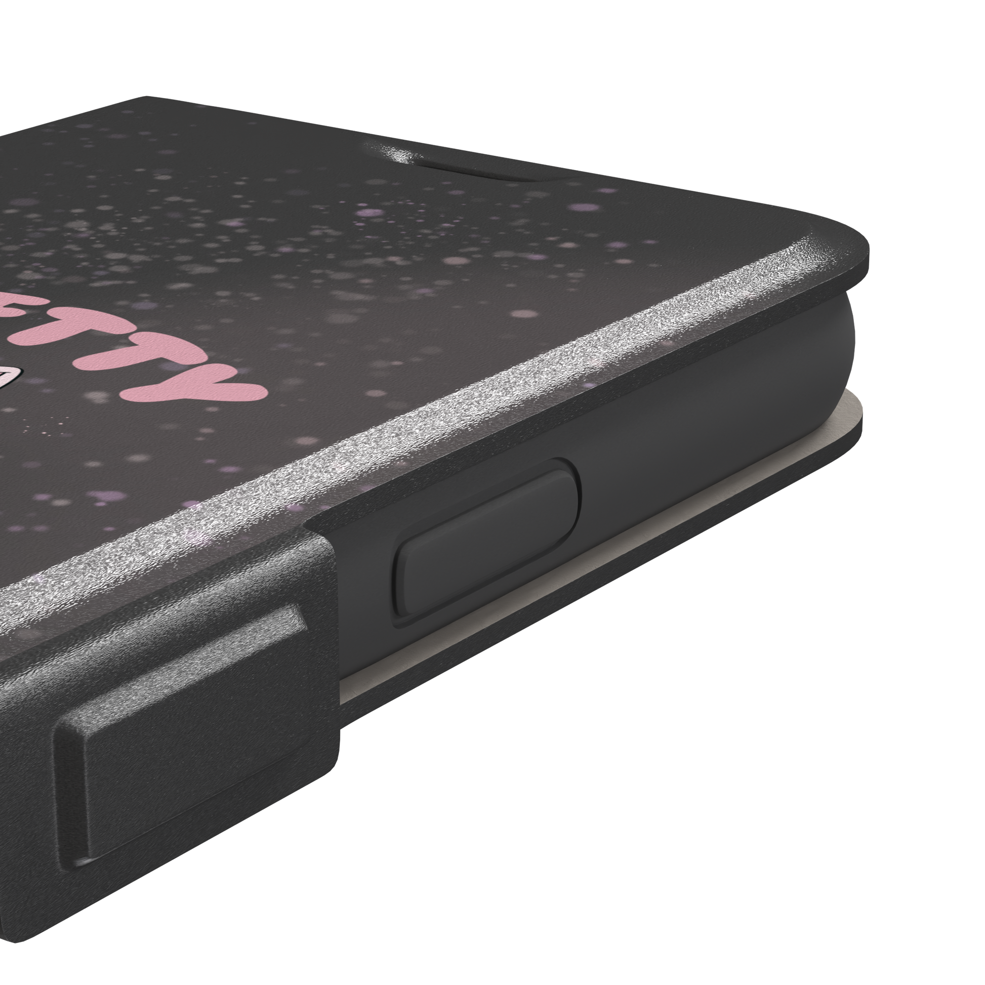 Dark charcoal phone case featuring a pink kawaii kitten holding a knife with 'Pretty Unhinged' text in pink bubble font on a speckled background, phone case by Caselier — wallet case, volume buttons detail