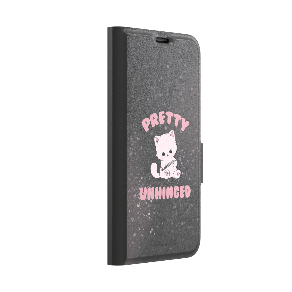 Dark charcoal phone case featuring a pink kawaii kitten holding a knife with 'Pretty Unhinged' text in pink bubble font on a speckled background, phone case by Caselier — wallet case, left view