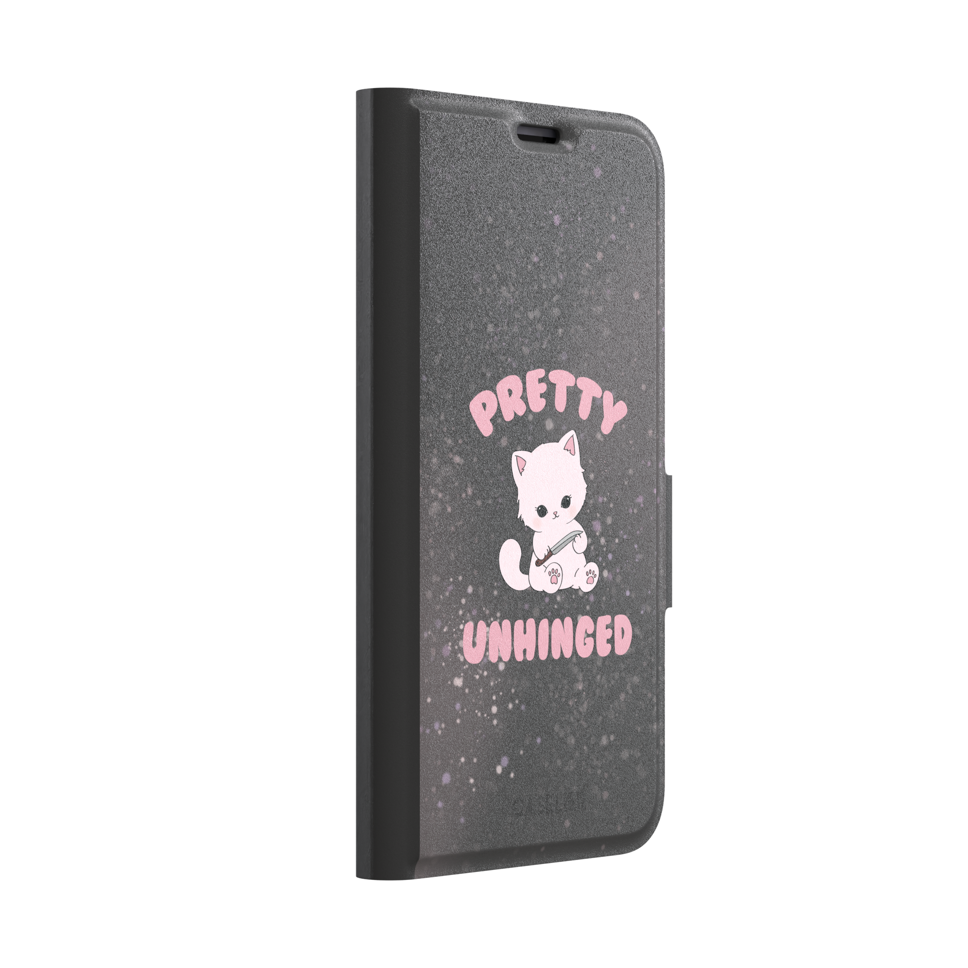 Dark charcoal phone case featuring a pink kawaii kitten holding a knife with 'Pretty Unhinged' text in pink bubble font on a speckled background, phone case by Caselier — wallet case, left view