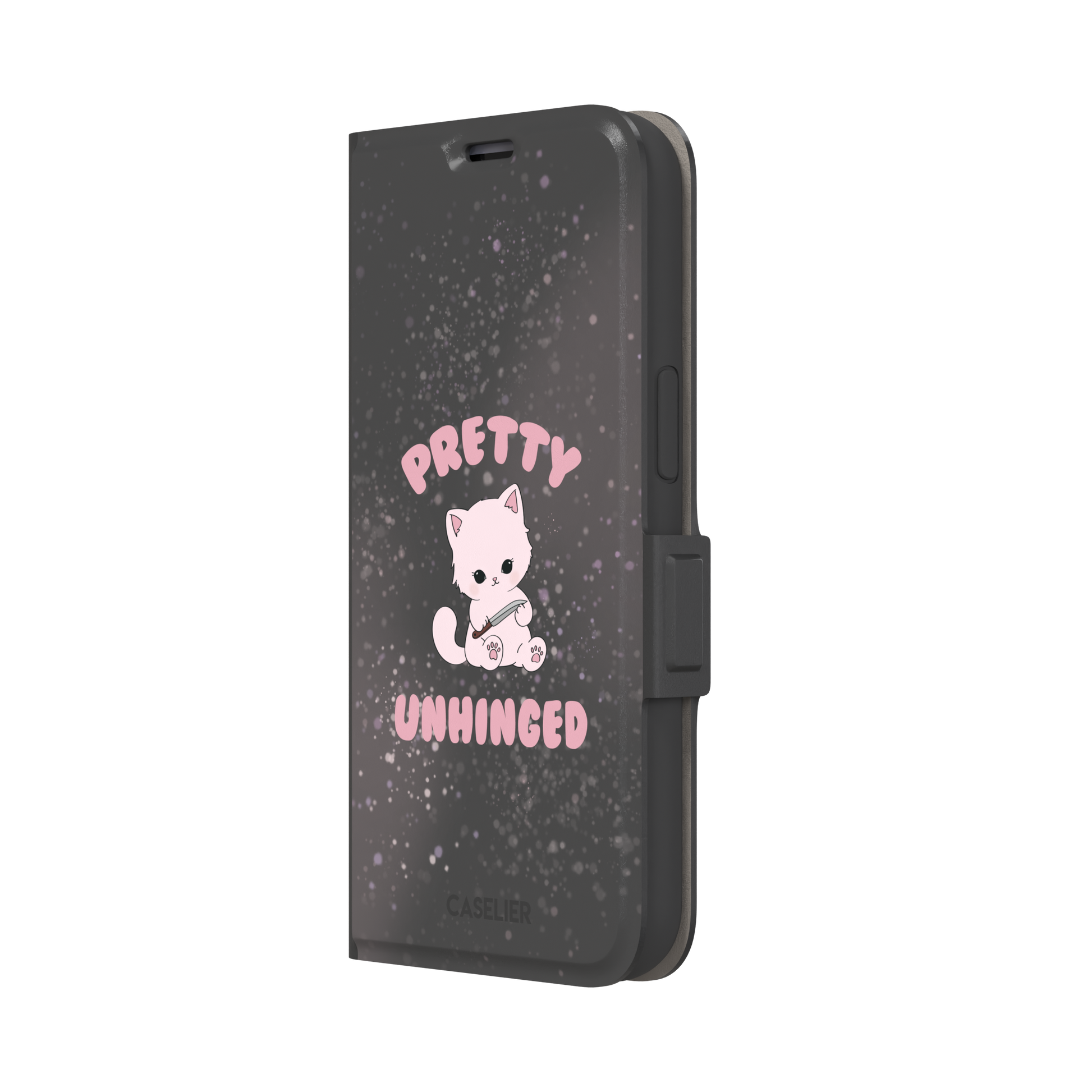 Dark charcoal phone case featuring a pink kawaii kitten holding a knife with 'Pretty Unhinged' text in pink bubble font on a speckled background, phone case by Caselier — wallet case, right view
