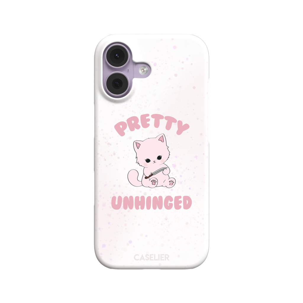 White variant of the Pretty Unhinged phone case showing the same pink kawaii kitten with knife and bold pink text on a soft speckled white background, phone case by Caselier — snap case, front view