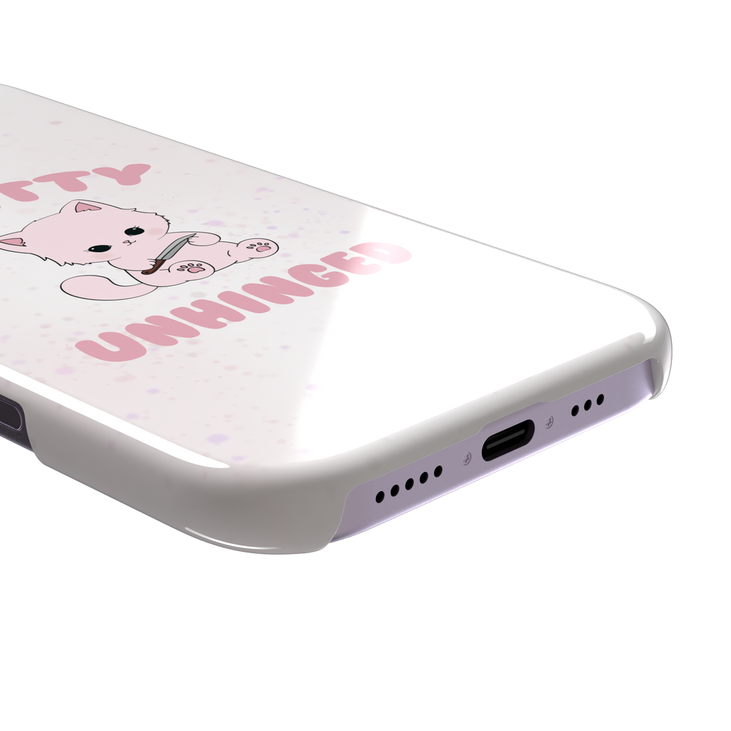 White variant of the Pretty Unhinged phone case showing the same pink kawaii kitten with knife and bold pink text on a soft speckled white background, phone case by Caselier — snap case, charging port detail