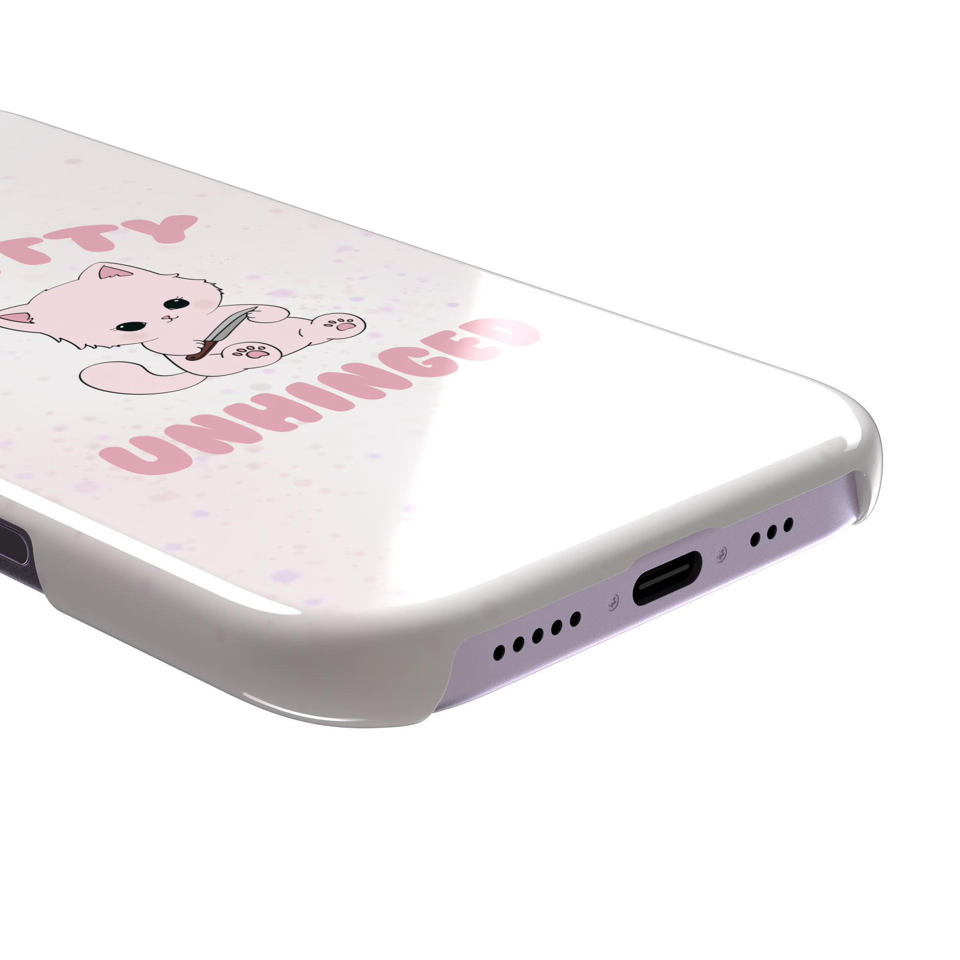 White variant of the Pretty Unhinged phone case showing the same pink kawaii kitten with knife and bold pink text on a soft speckled white background, phone case by Caselier — snap case, charging port detail