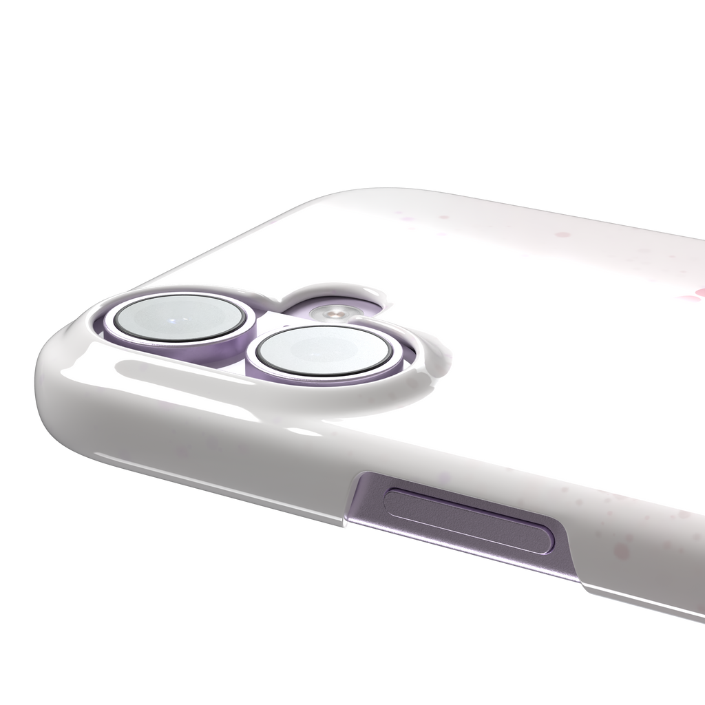 White variant of the Pretty Unhinged phone case showing the same pink kawaii kitten with knife and bold pink text on a soft speckled white background, phone case by Caselier — snap case, volume buttons detail
