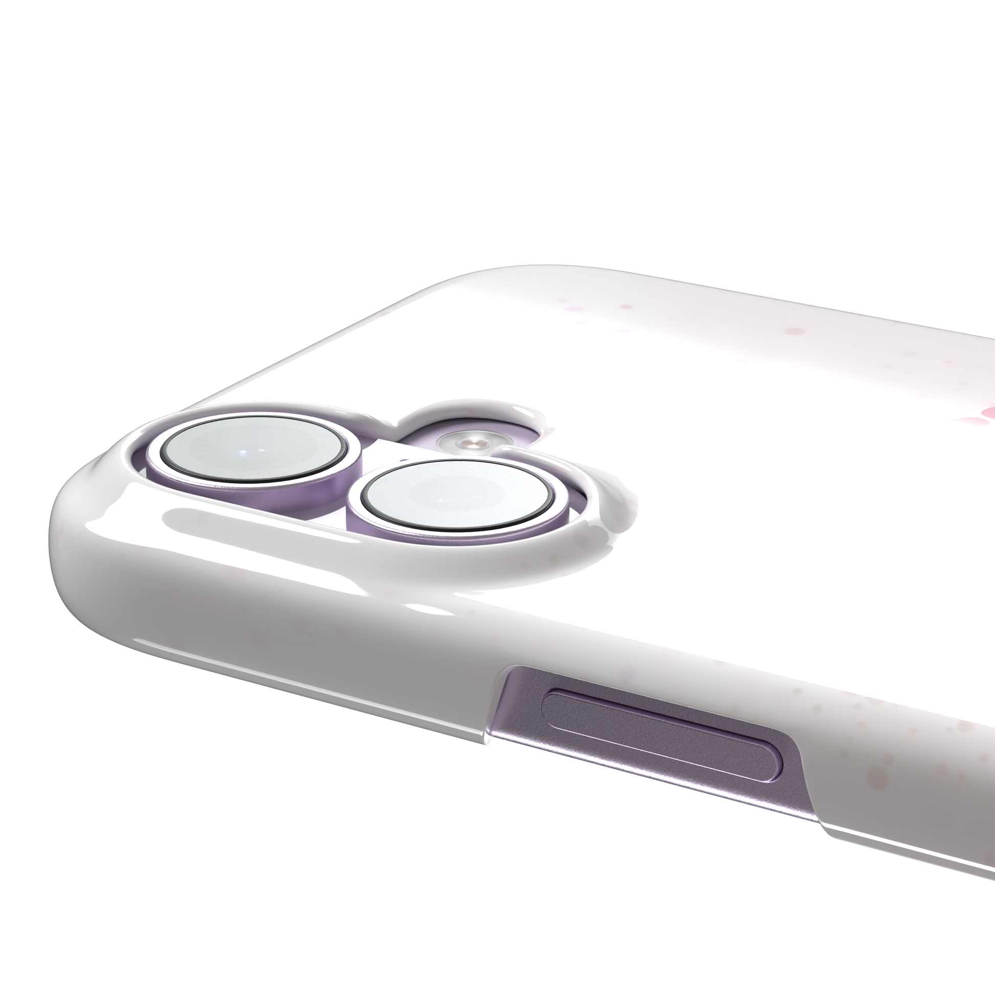 White variant of the Pretty Unhinged phone case showing the same pink kawaii kitten with knife and bold pink text on a soft speckled white background, phone case by Caselier — snap case, volume buttons detail