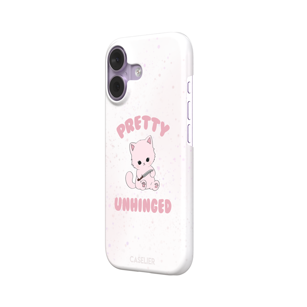 White variant of the Pretty Unhinged phone case showing the same pink kawaii kitten with knife and bold pink text on a soft speckled white background, phone case by Caselier — snap case, right view